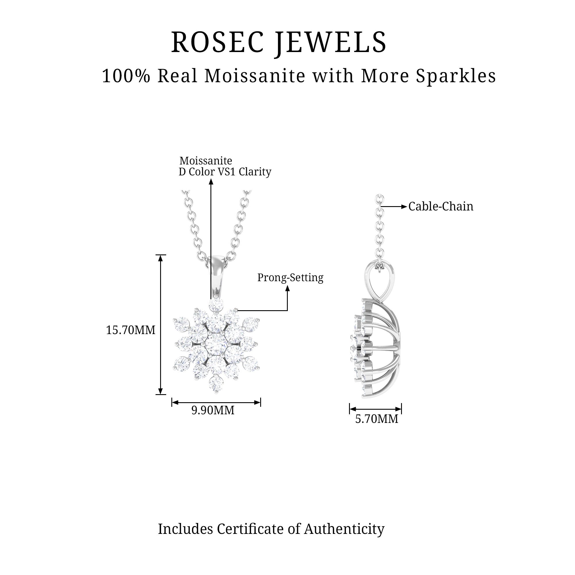 3/4 CT Snowflake Cluster Pendant Necklace with Moissanite Moissanite - ( D-VS1 ) - Color and Clarity - Rosec Jewels