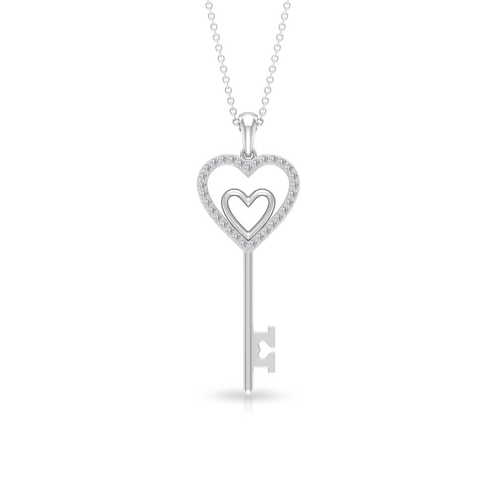 Twin Heart Key Pendant Necklace with Cubic Zirconia Zircon - ( AAAA ) - Quality - Rosec Jewels