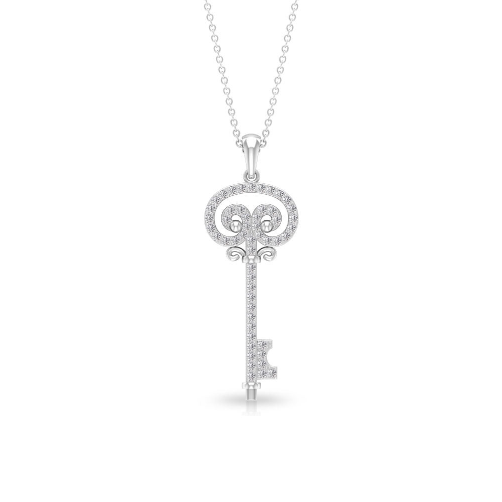 Pave Set Zircon Vintage Style Key Pendant Zircon - ( AAAA ) - Quality - Rosec Jewels