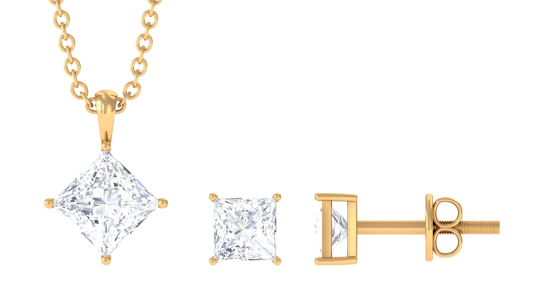 1.75 CT Princess Cut Cubic Zirconia Solitaire Pendant Necklace and Stud Earring Set Zircon - ( AAAA ) - Quality - Rosec Jewels