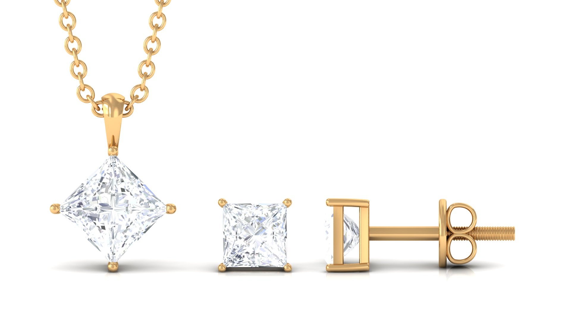 1.75 CT Princess Cut Cubic Zirconia Solitaire Pendant Necklace and Stud Earring Set Zircon - ( AAAA ) - Quality - Rosec Jewels