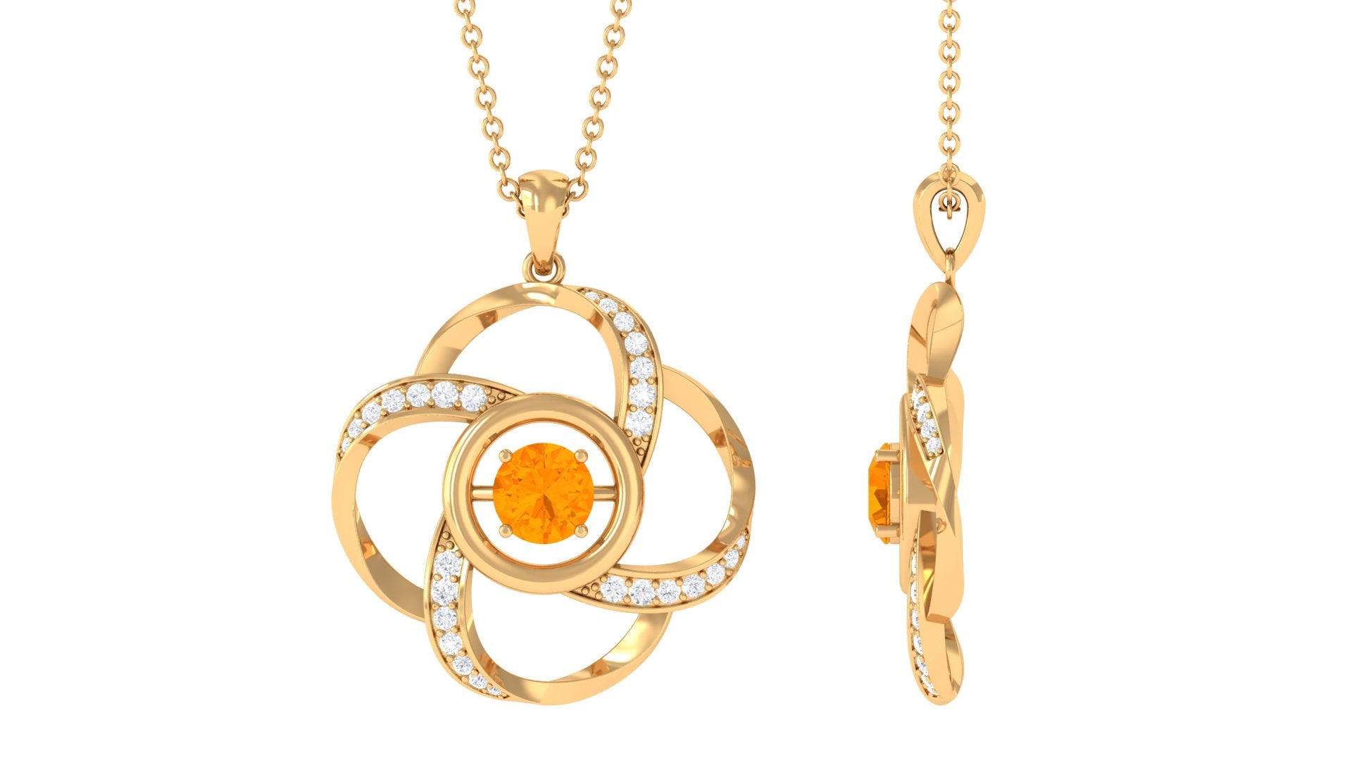 Modern Flower Pendant with Round Fire Opal and Diamond Fire Opal - ( AAA ) - Quality - Rosec Jewels