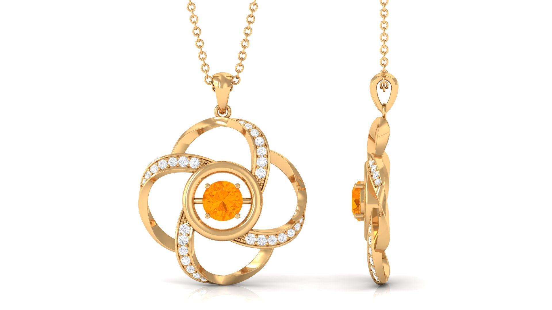 Modern Flower Pendant with Round Fire Opal and Diamond Fire Opal - ( AAA ) - Quality - Rosec Jewels