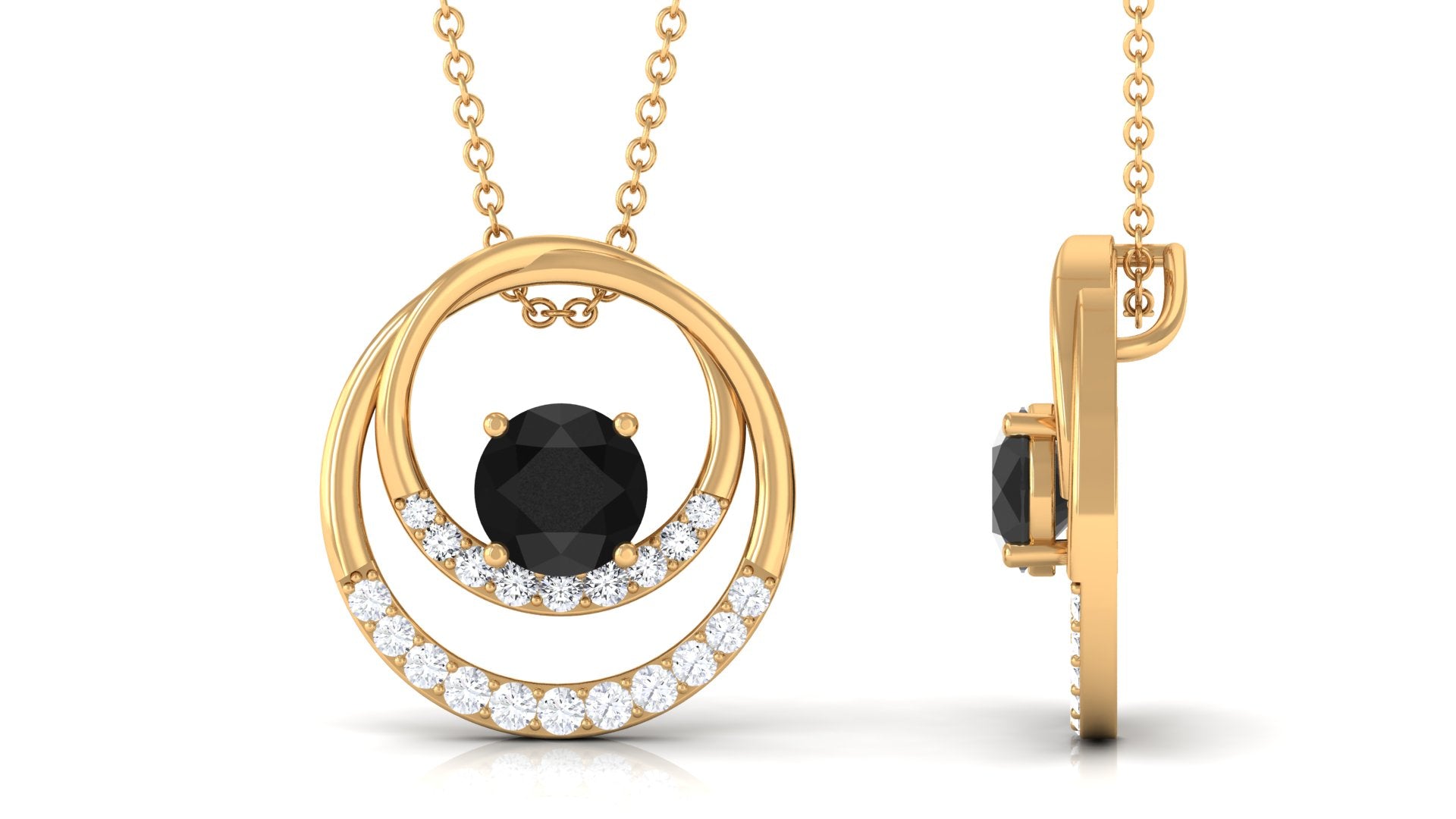 Real Black Onyx and Diamond Open Circle Pendant Black Onyx - ( AAA ) - Quality - Rosec Jewels