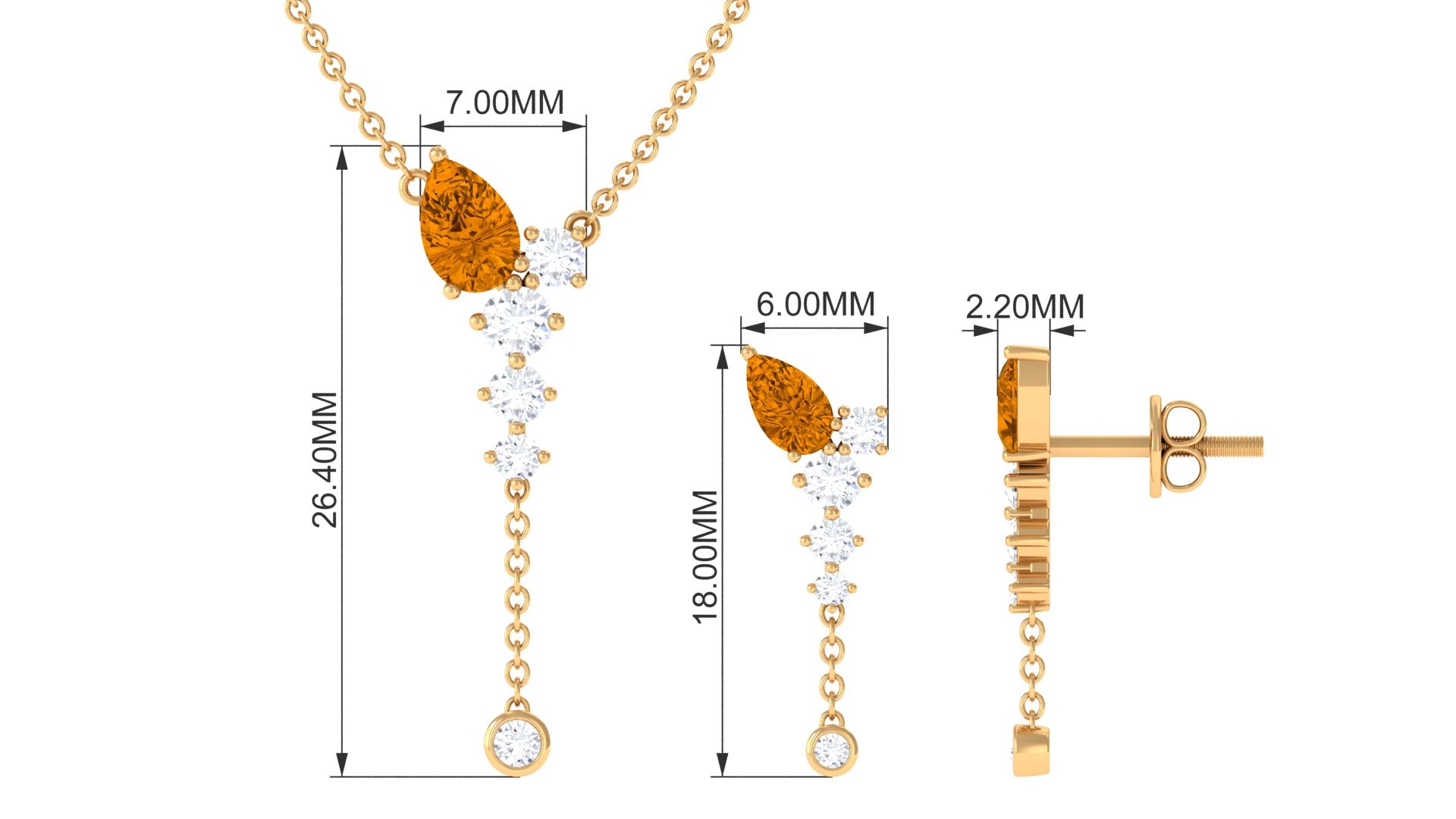 Minimal Citrine Dangle Necklace and Earrings Set in Gold with Moissanite Citrine - ( AAA ) - Quality - Rosec Jewels