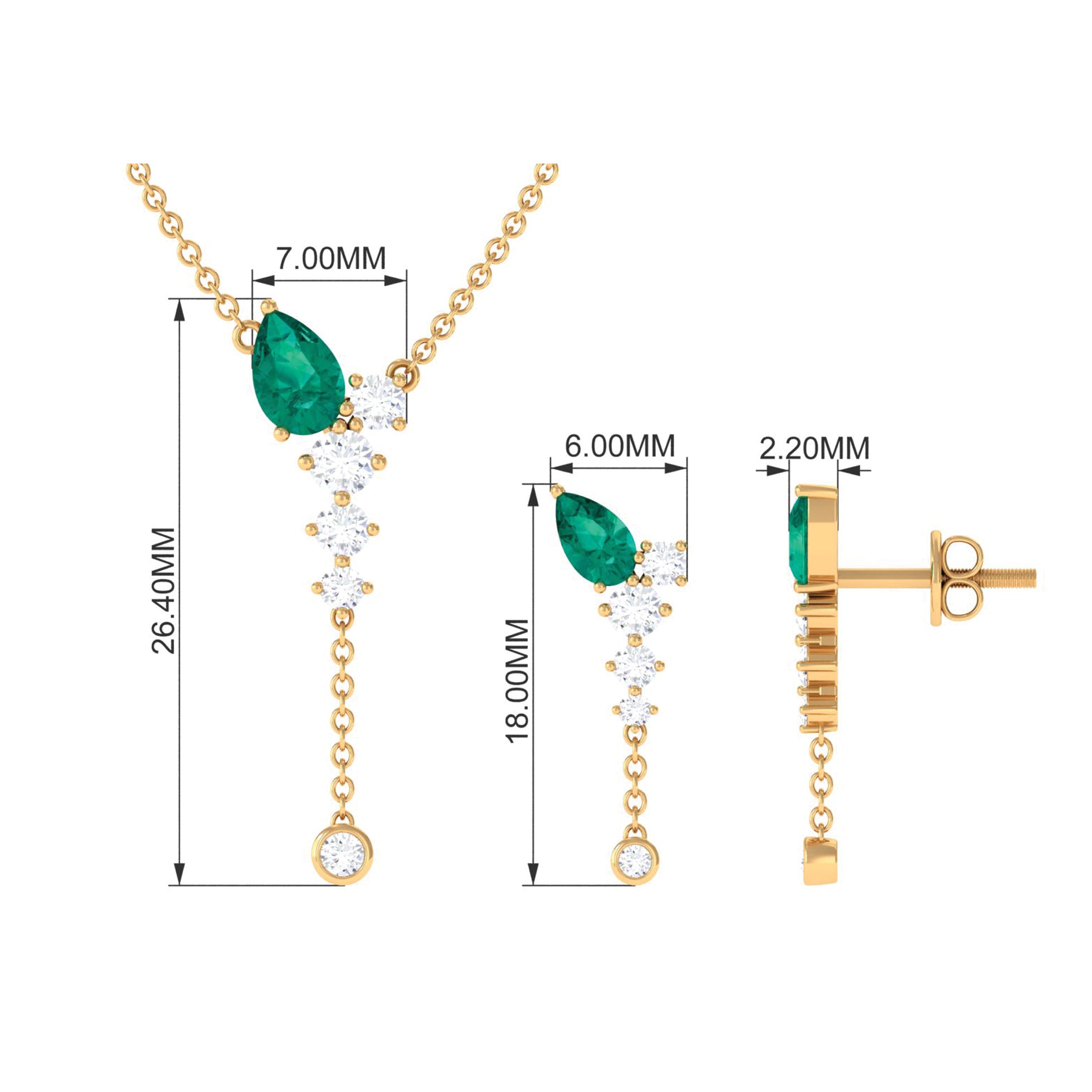 Minimal Emerald Dangle Necklace and Earrings Set with Diamond Emerald - ( AAA ) - Quality - Rosec Jewels