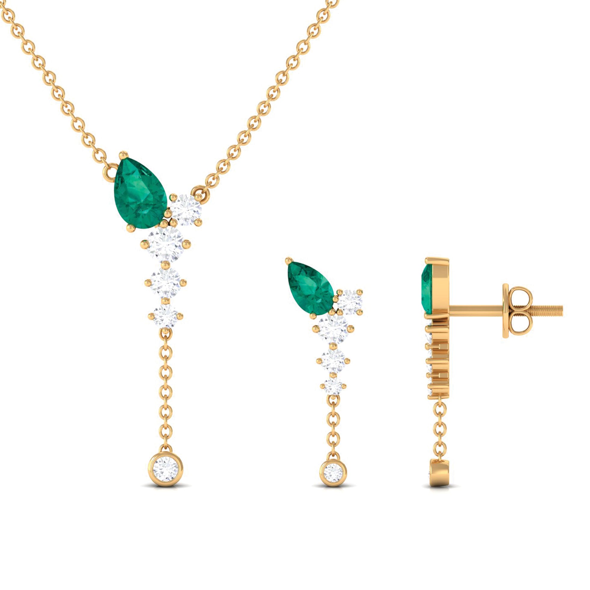 Minimal Emerald Dangle Necklace and Earrings Set with Diamond Emerald - ( AAA ) - Quality - Rosec Jewels