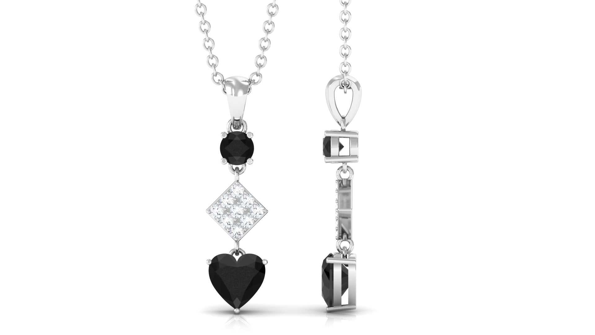 Real Black Onyx and Diamond Heart Dangle Pendant Black Onyx - ( AAA ) - Quality - Rosec Jewels