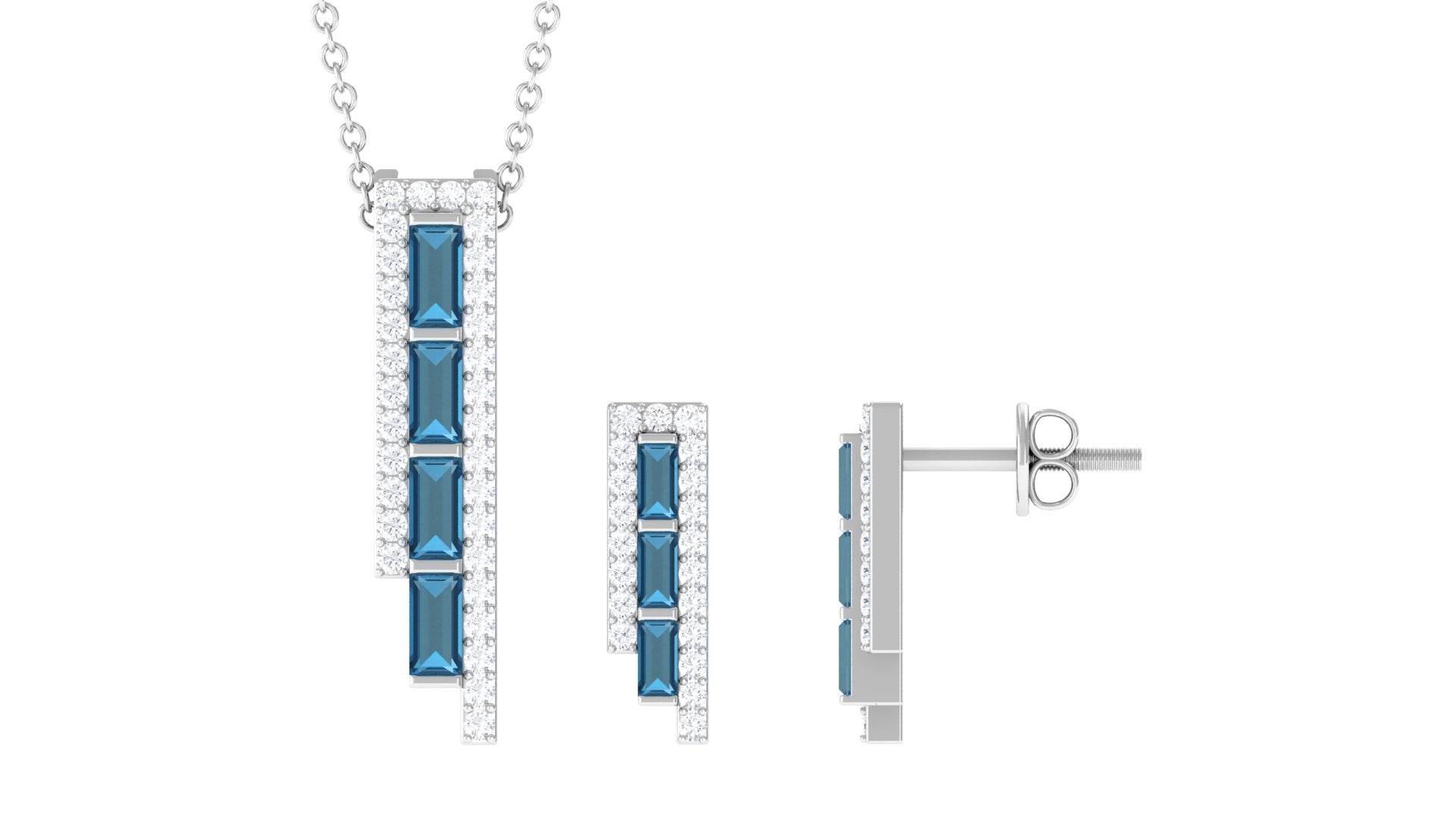 London Blue Topaz Bar Jewelry Set with Diamond London Blue Topaz - ( AAA ) - Quality - Rosec Jewels