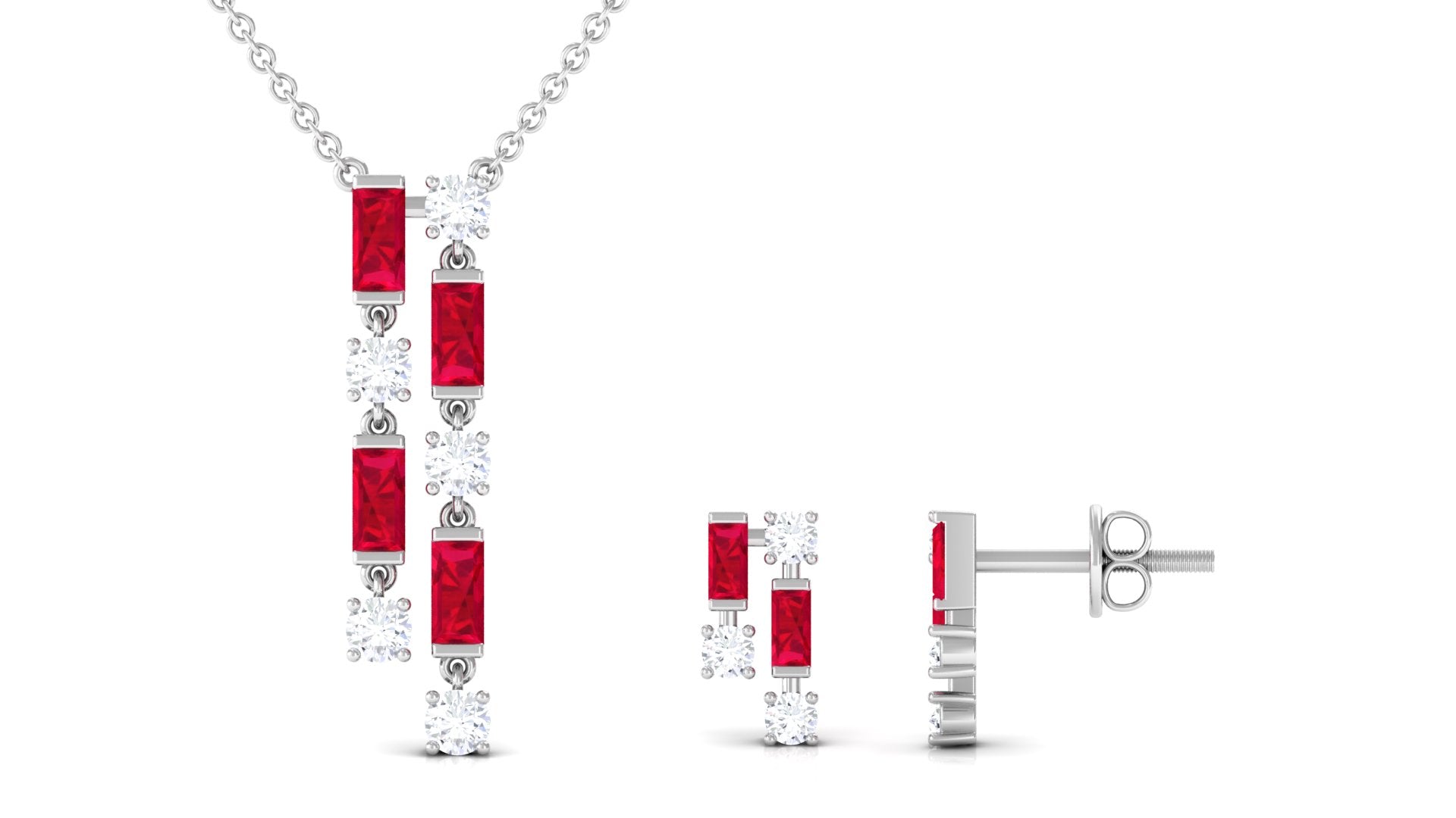 Created Ruby and Diamond Dangle Jewelry Set Lab Created Ruby - ( AAAA ) - Quality - Rosec Jewels