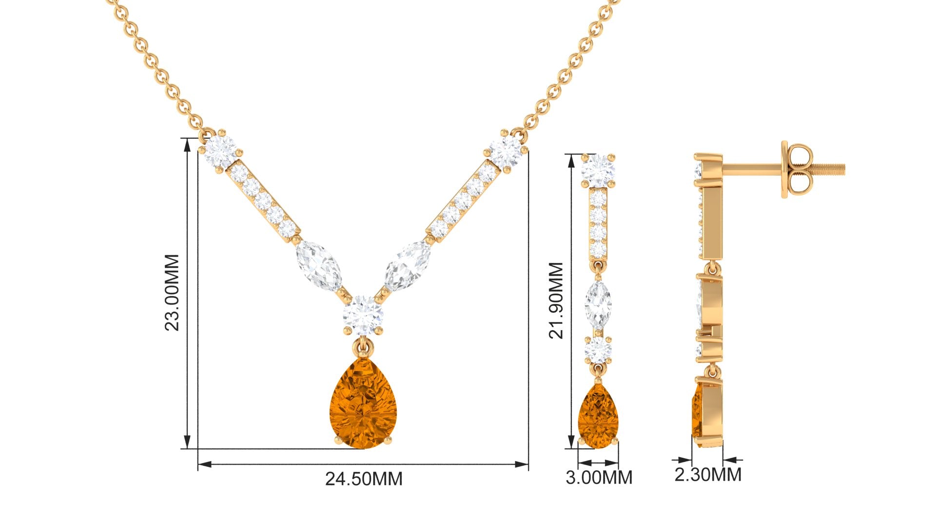 Citrine and Moissanite Drop Necklace Earrings Set Citrine - ( AAA ) - Quality - Rosec Jewels