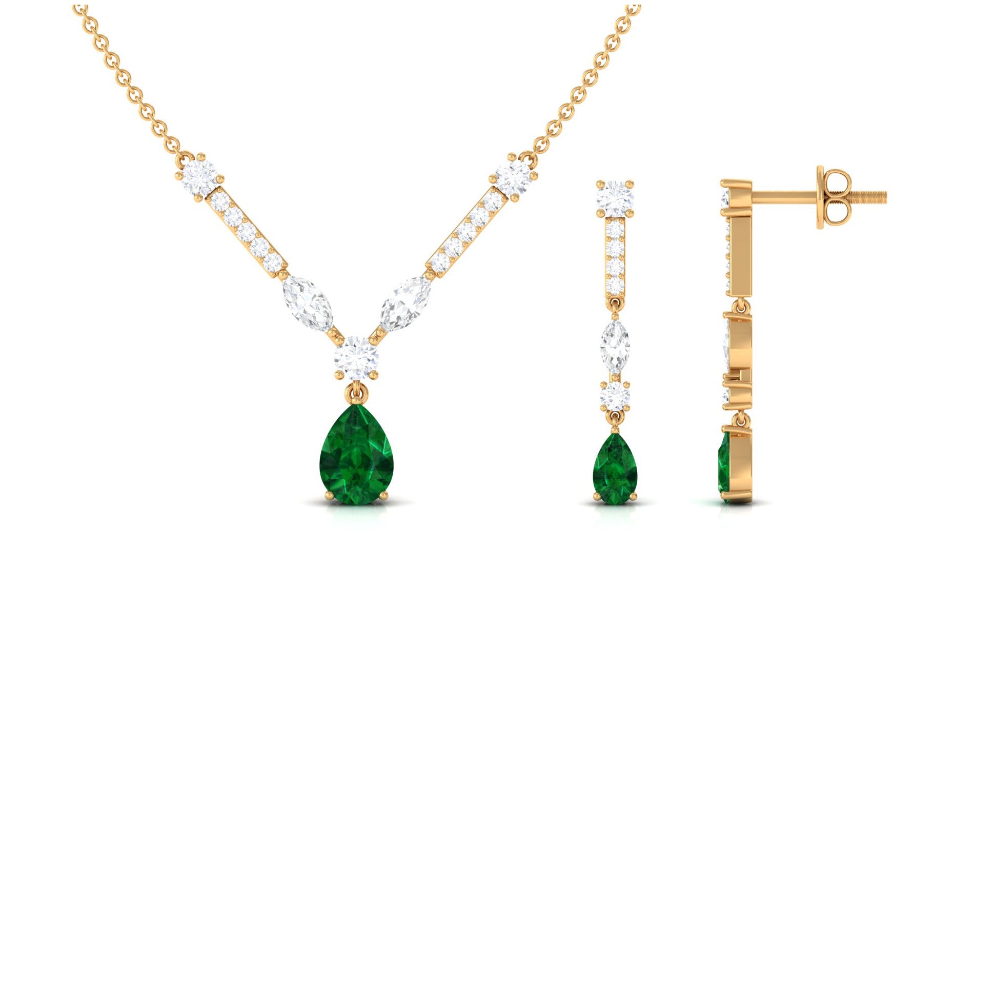 Created Emerald and Moissanite Drop Necklace Earrings Set Lab Created Emerald - ( AAAA ) - Quality - Rosec Jewels