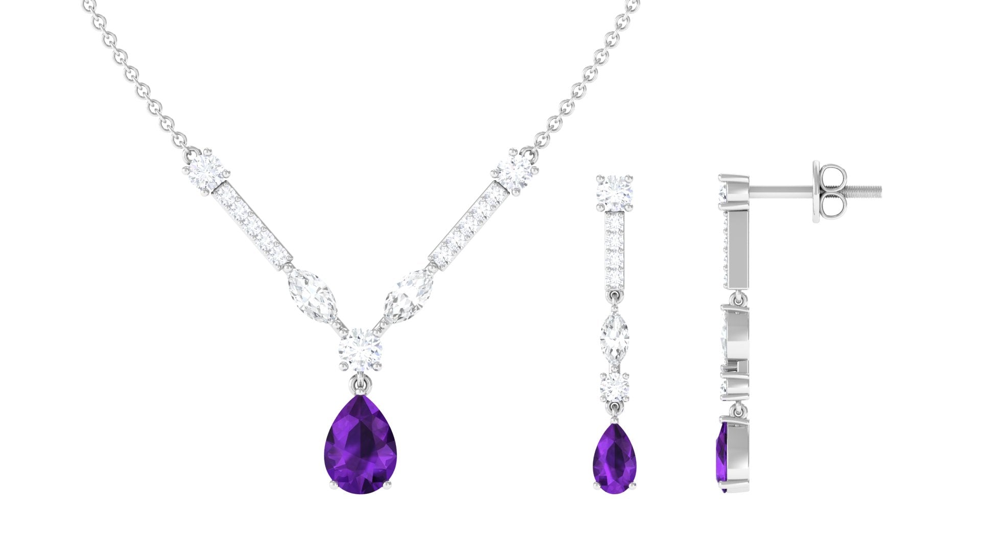 Amethyst and Moissanite Drop Necklace Earrings Set Amethyst - ( AAA ) - Quality - Rosec Jewels