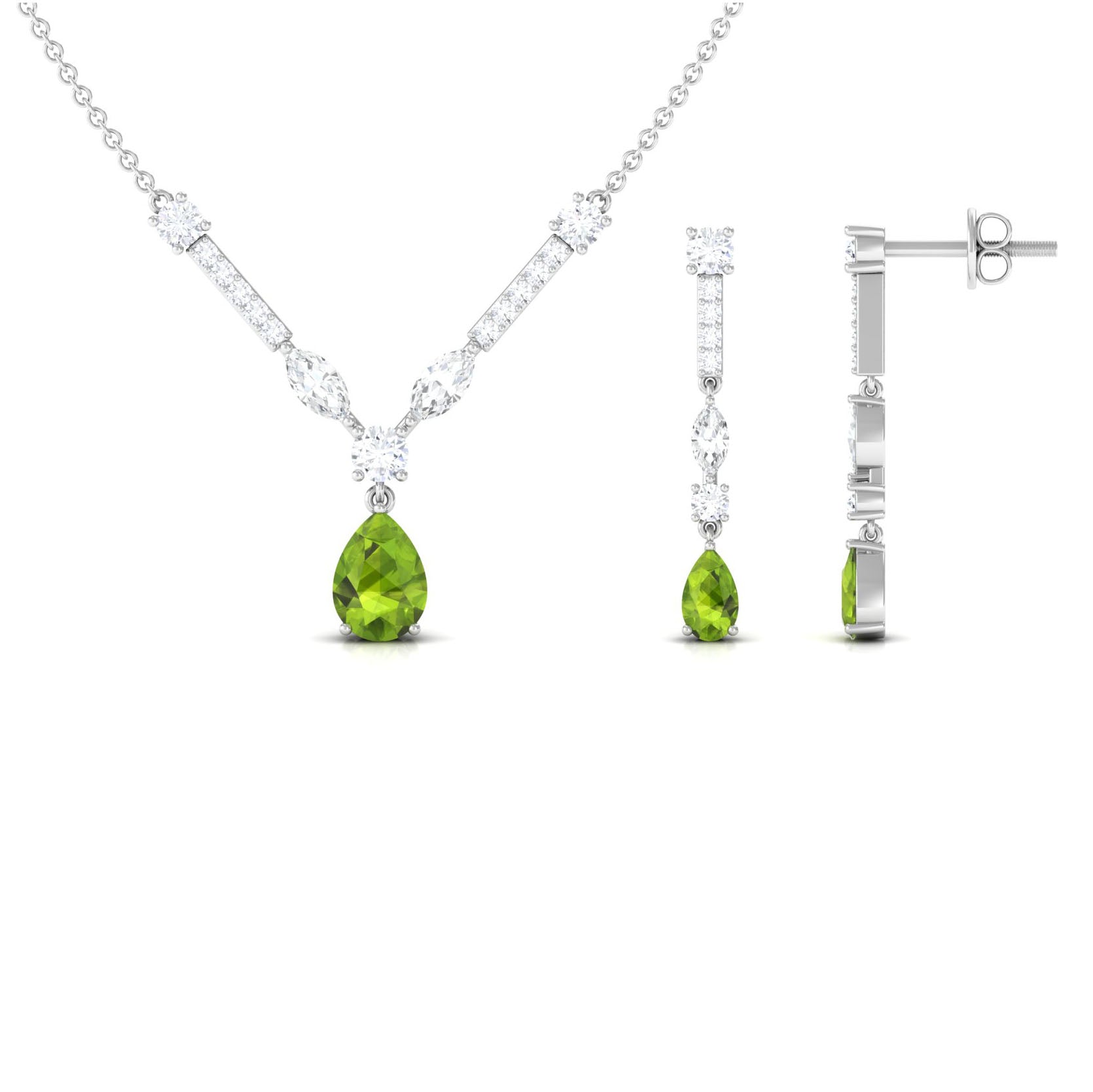 Peridot and Moissanite Drop Necklace Earrings Set Peridot - ( AAA ) - Quality - Rosec Jewels