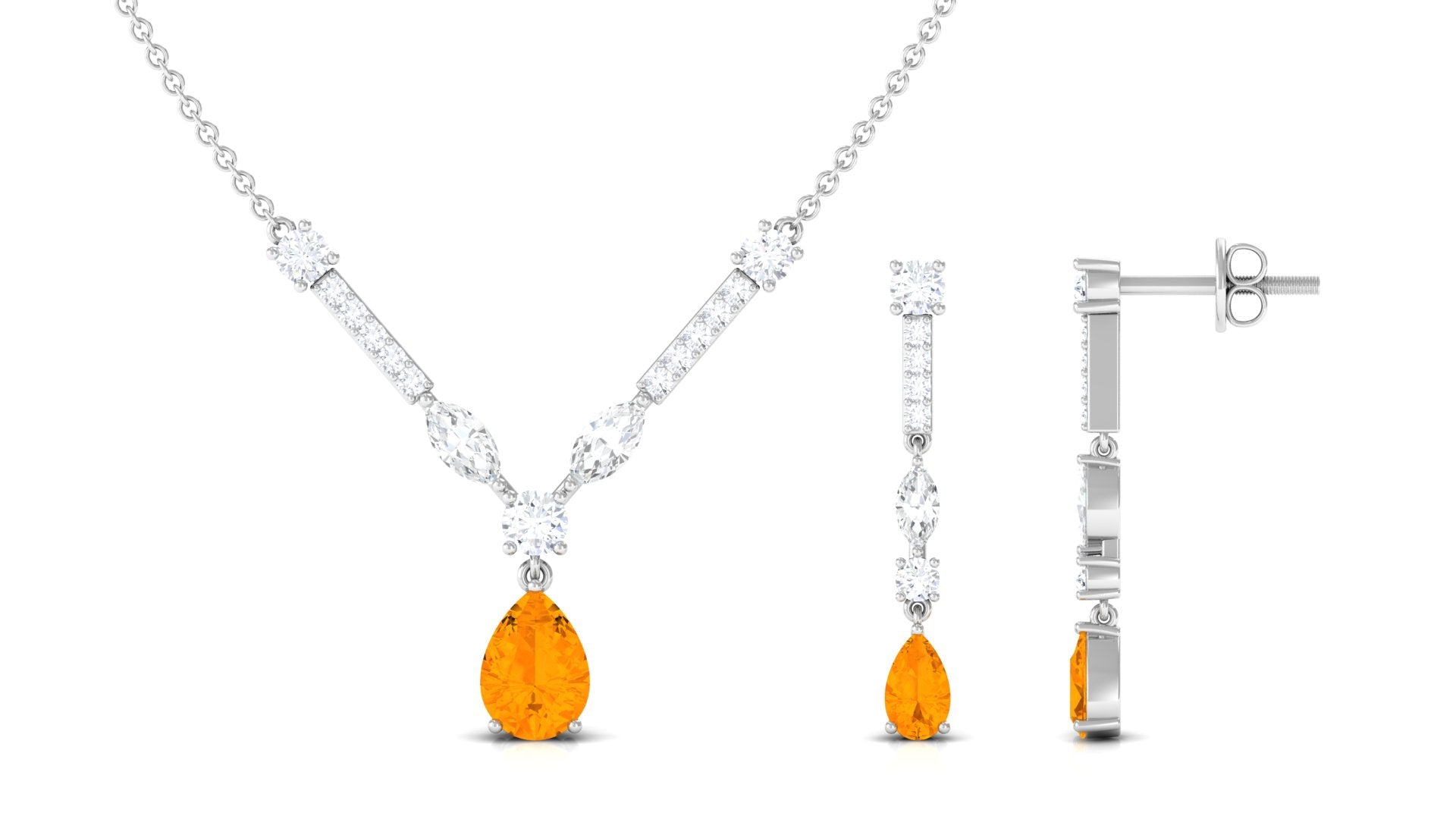 Fire Opal and Moissanite Drop Necklace Earrings Set Fire Opal - ( AAA ) - Quality - Rosec Jewels