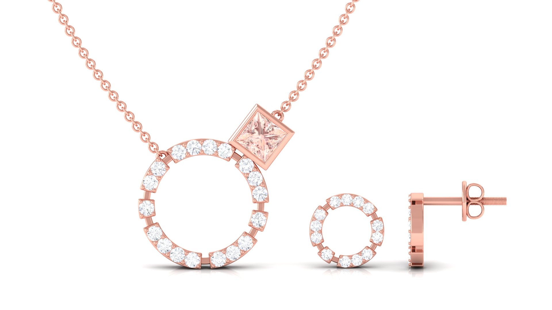 Genuine Morganite Eternity Jewelry Set with Diamond Morganite - ( AAA ) - Quality - Rosec Jewels