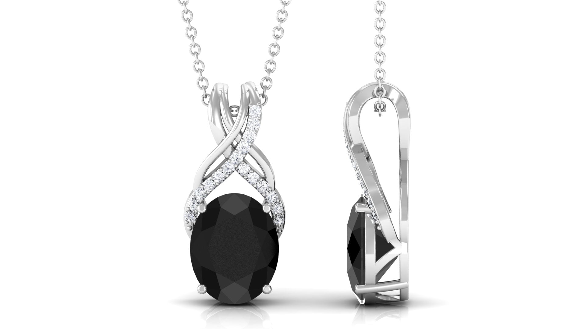 Designer Oval Black Onyx Solitaire Pendant with Diamond Twisted Bail Black Onyx - ( AAA ) - Quality - Rosec Jewels