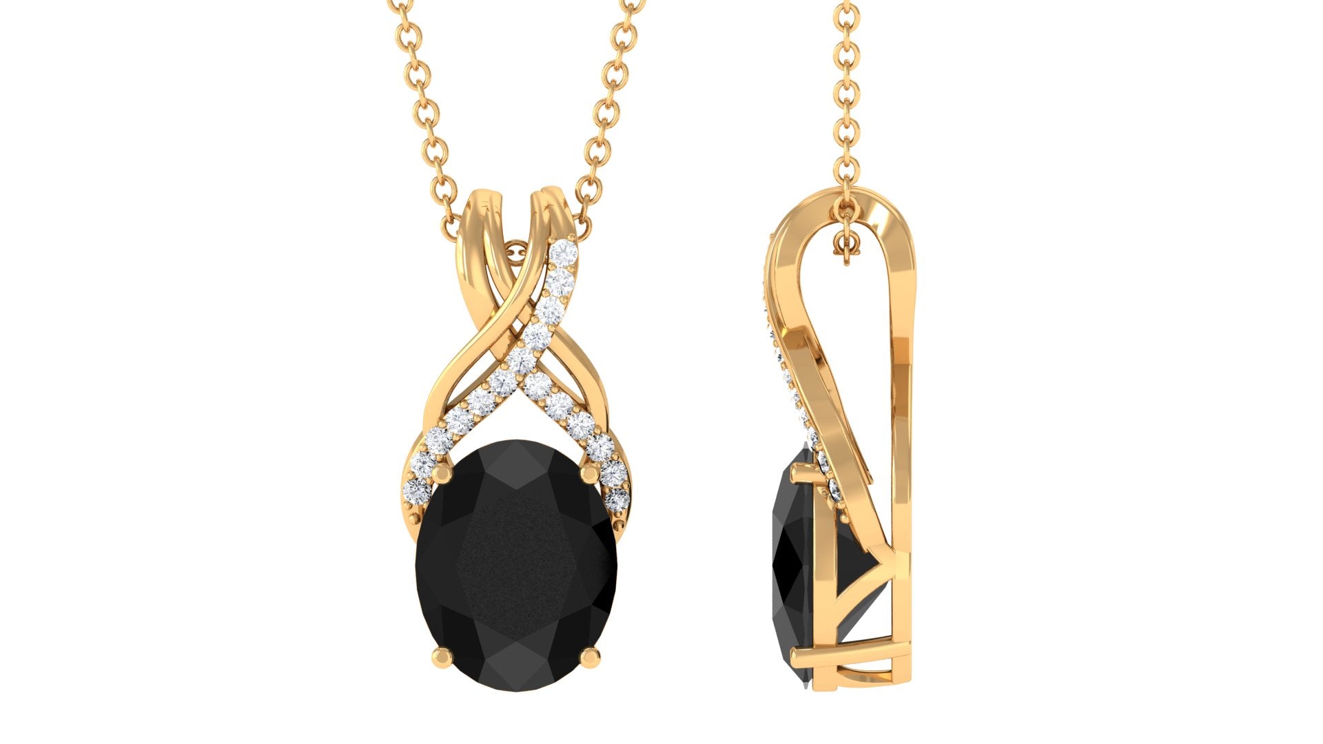 Designer Oval Black Onyx Solitaire Pendant with Diamond Twisted Bail Black Onyx - ( AAA ) - Quality - Rosec Jewels