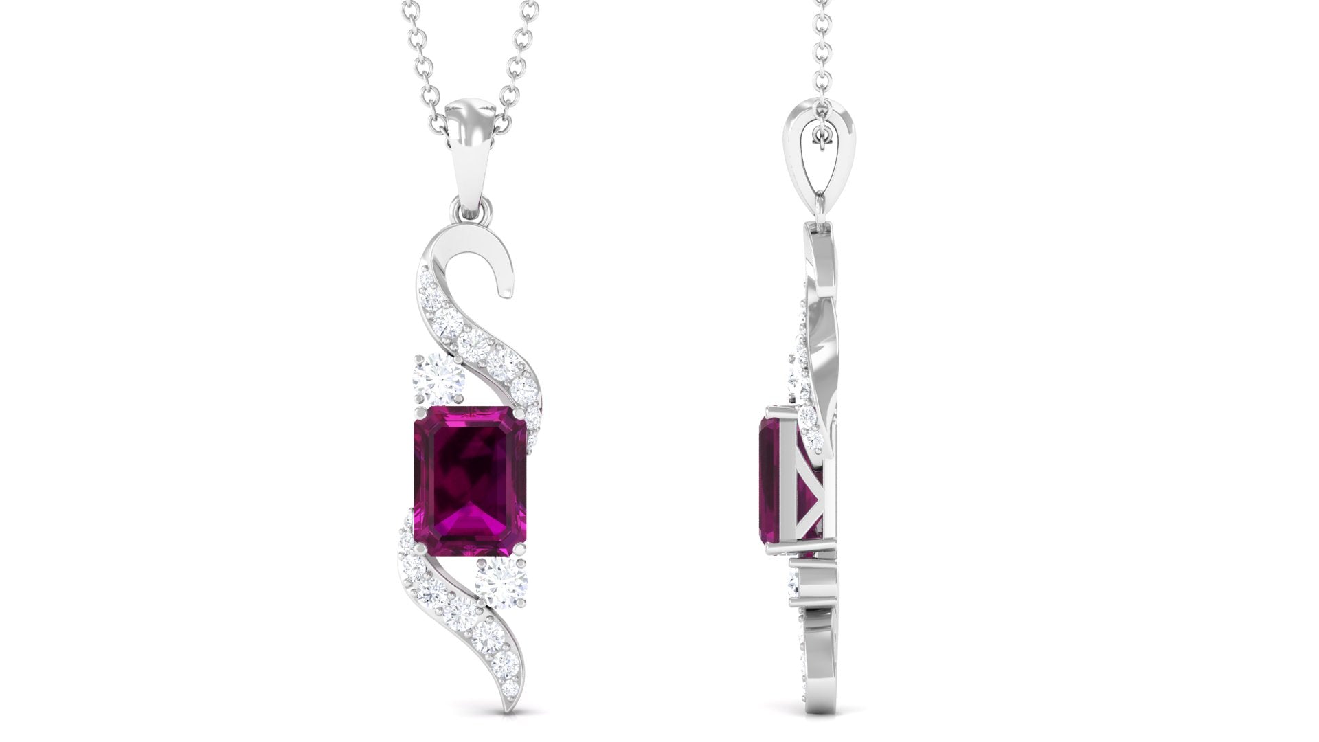 2.75 CT Emerald Cut Rhodolite Designer Drop Pendant with Diamond Rhodolite - ( AAA ) - Quality - Rosec Jewels