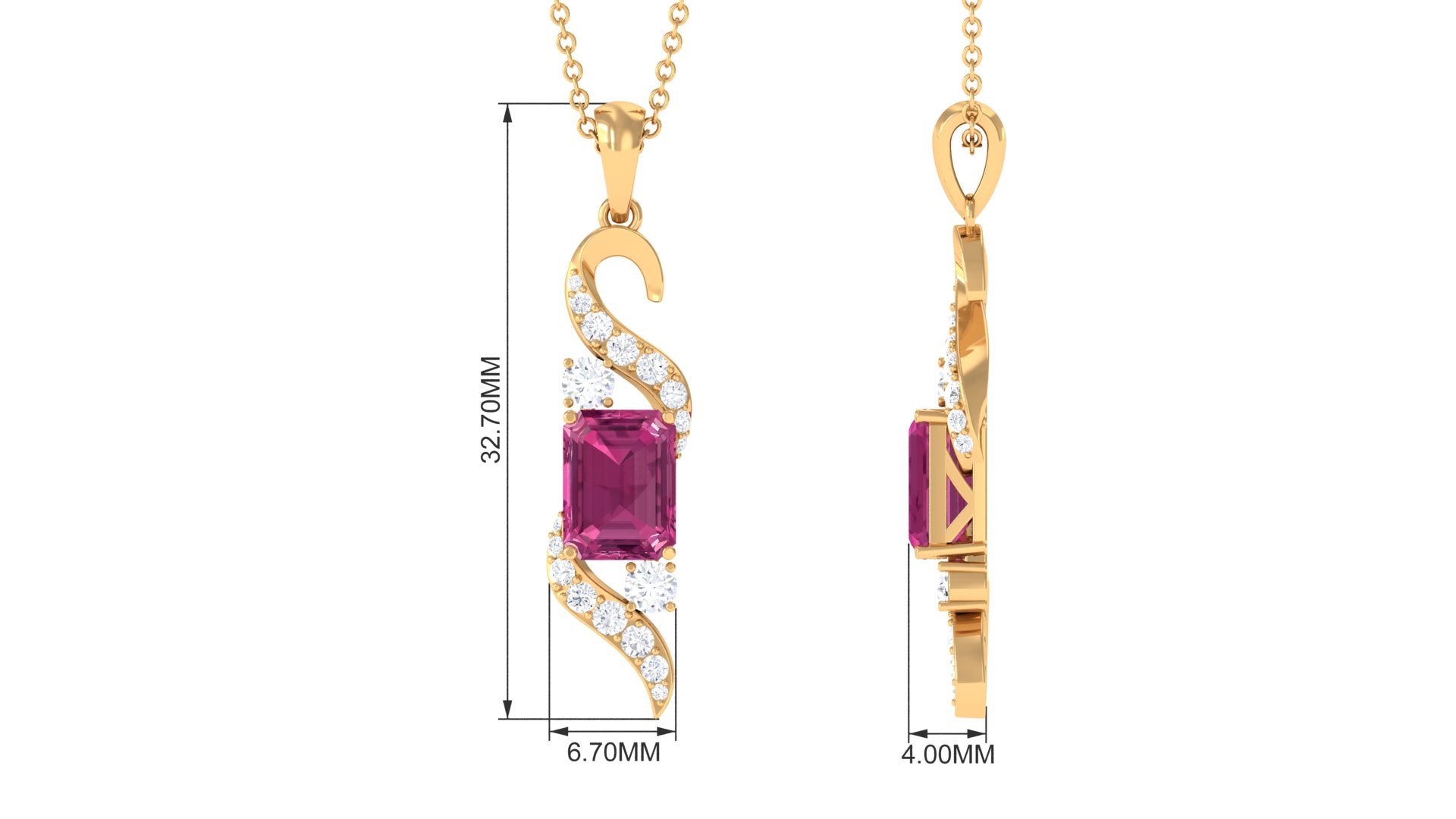 Emerald Cut Pink Tourmaline Designer Dangle Pendant with Moissanite Pink Tourmaline - ( AAA ) - Quality - Rosec Jewels