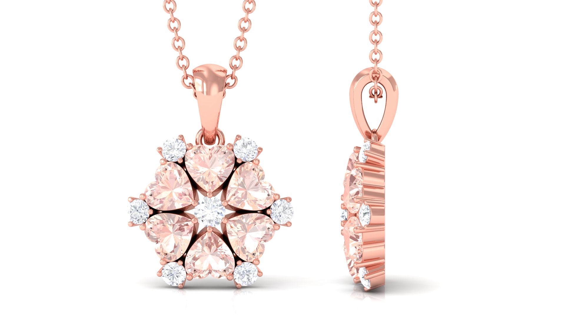 Heart Shape Morganite and Diamond Cluster Flower Pendant Morganite - ( AAA ) - Quality - Rosec Jewels