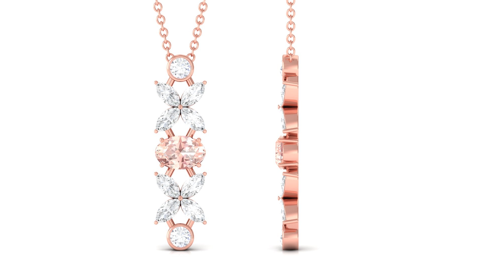 Oval Morganite Flower Dangle Pendant Necklace with Diamond Morganite - ( AAA ) - Quality - Rosec Jewels