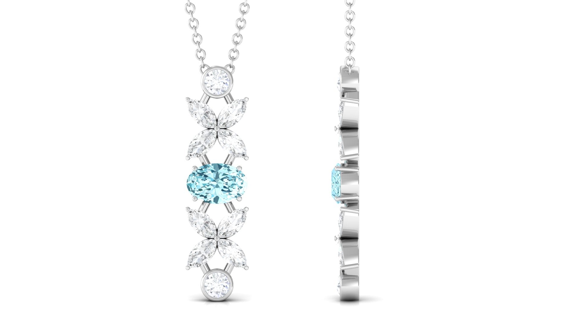 Natural Aquamarine and Diamond Flower Dangle Necklace Aquamarine - ( AAA ) - Quality - Rosec Jewels