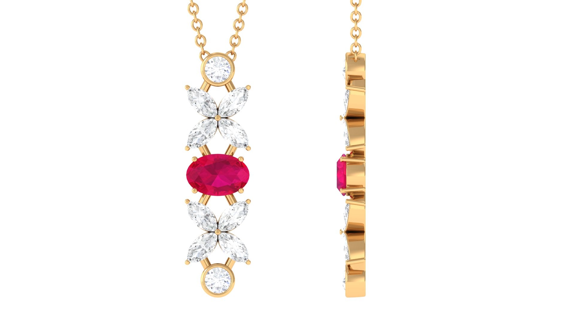 Oval Ruby and Diamond Flower Dangle Necklace Ruby - ( AAA ) - Quality - Rosec Jewels