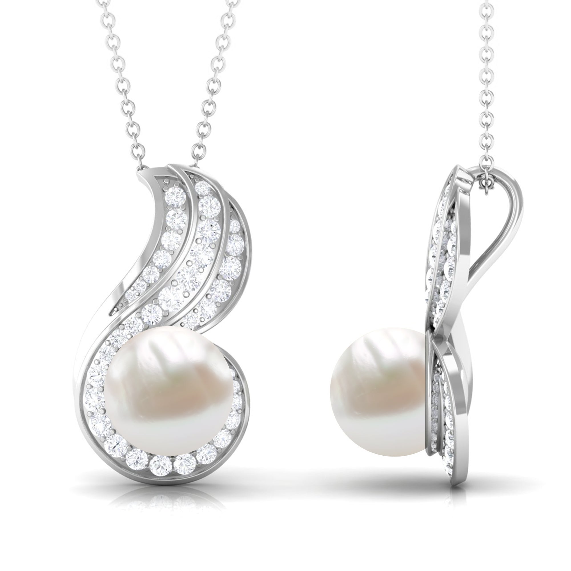 Contemporary Freshwater Pearl Pendant Necklace with Diamond Freshwater Pearl - ( AAA ) - Quality - Rosec Jewels