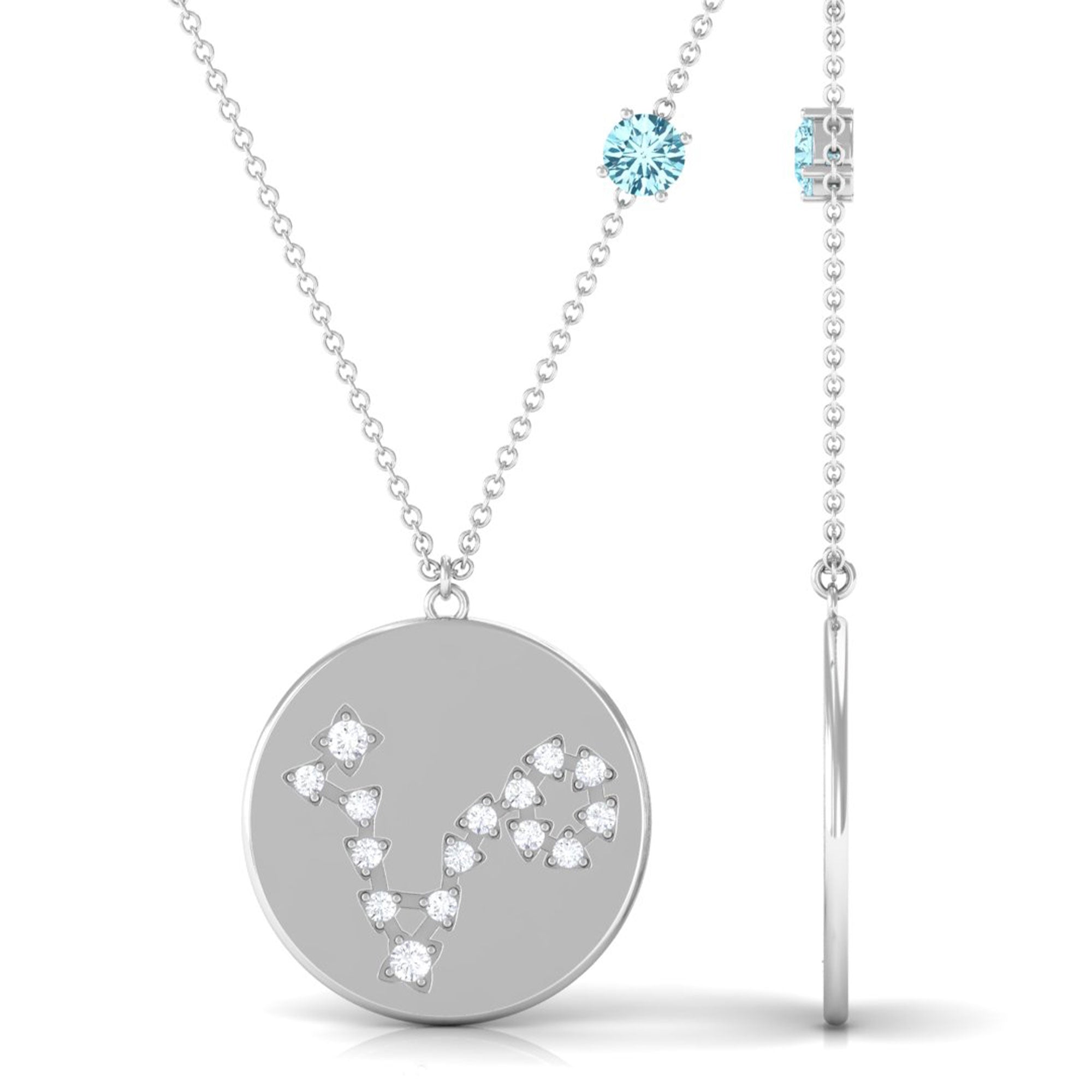 Aquamarine Pisces Constellation Disc Pendant with Diamond Aquamarine - ( AAA ) - Quality - Rosec Jewels