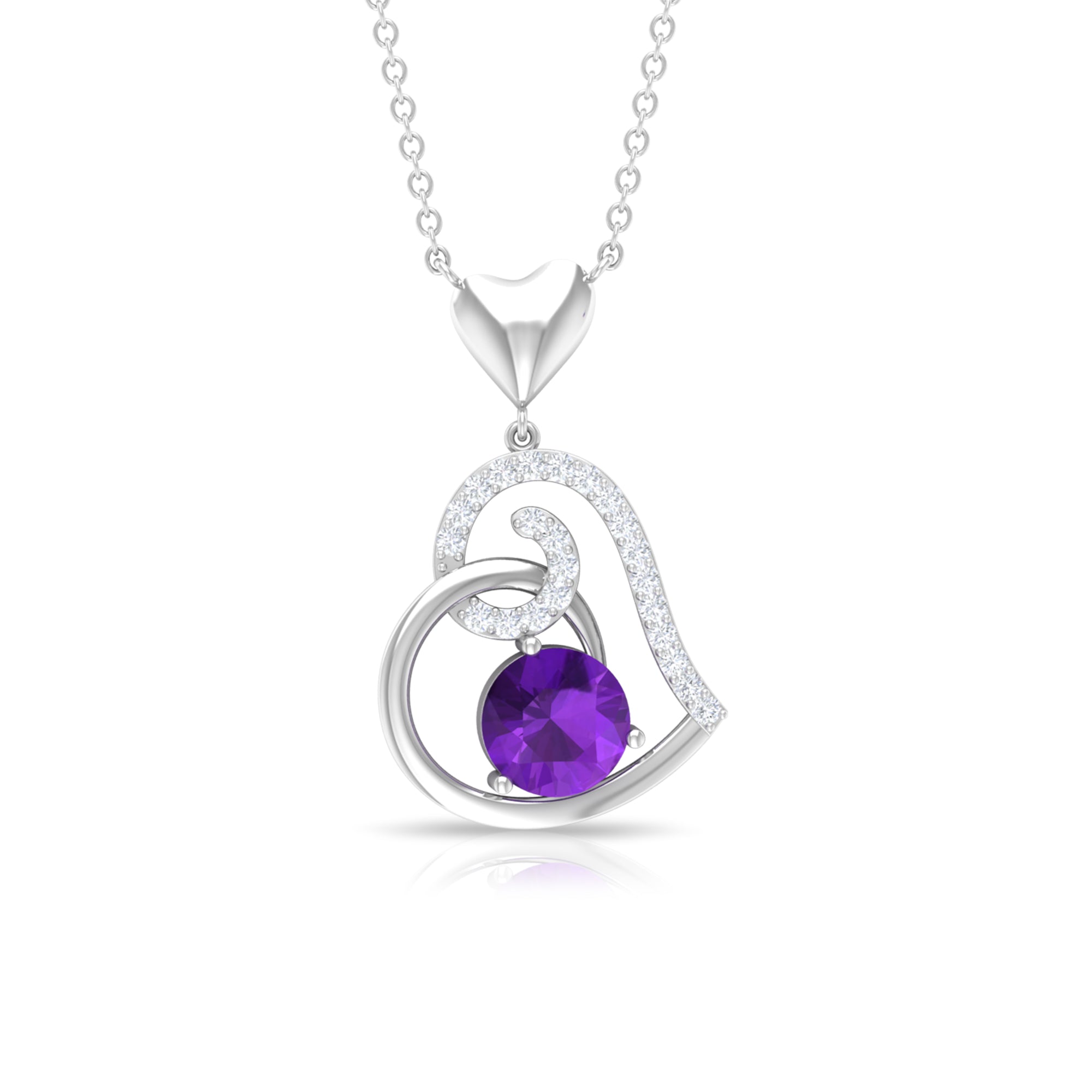 Classic Amethyst Heart Drop Necklace with Diamond Amethyst - ( AAA ) - Quality - Rosec Jewels