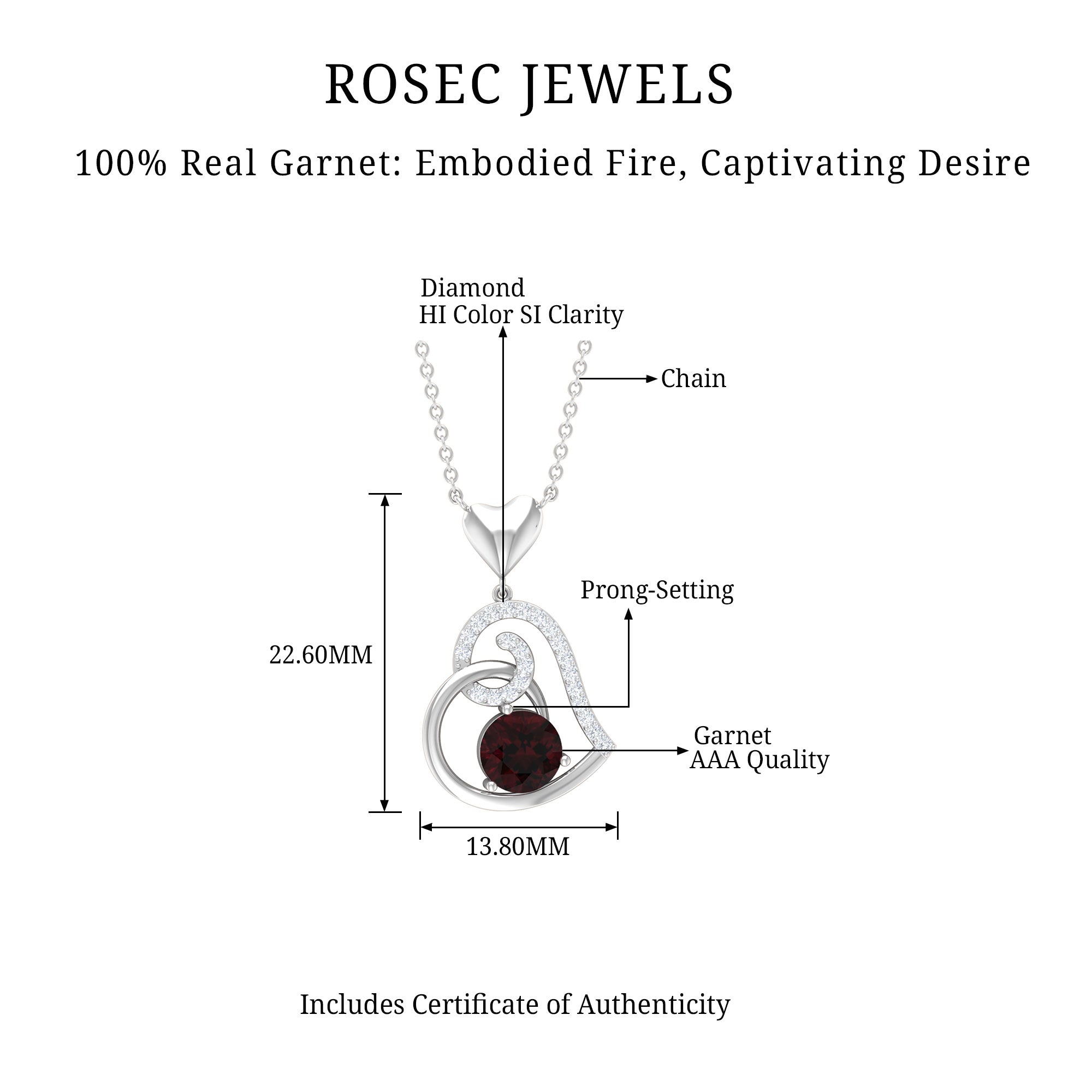 1.25 CT Garnet and Diamond Heart Drop Pendant Garnet - ( AAA ) - Quality - Rosec Jewels