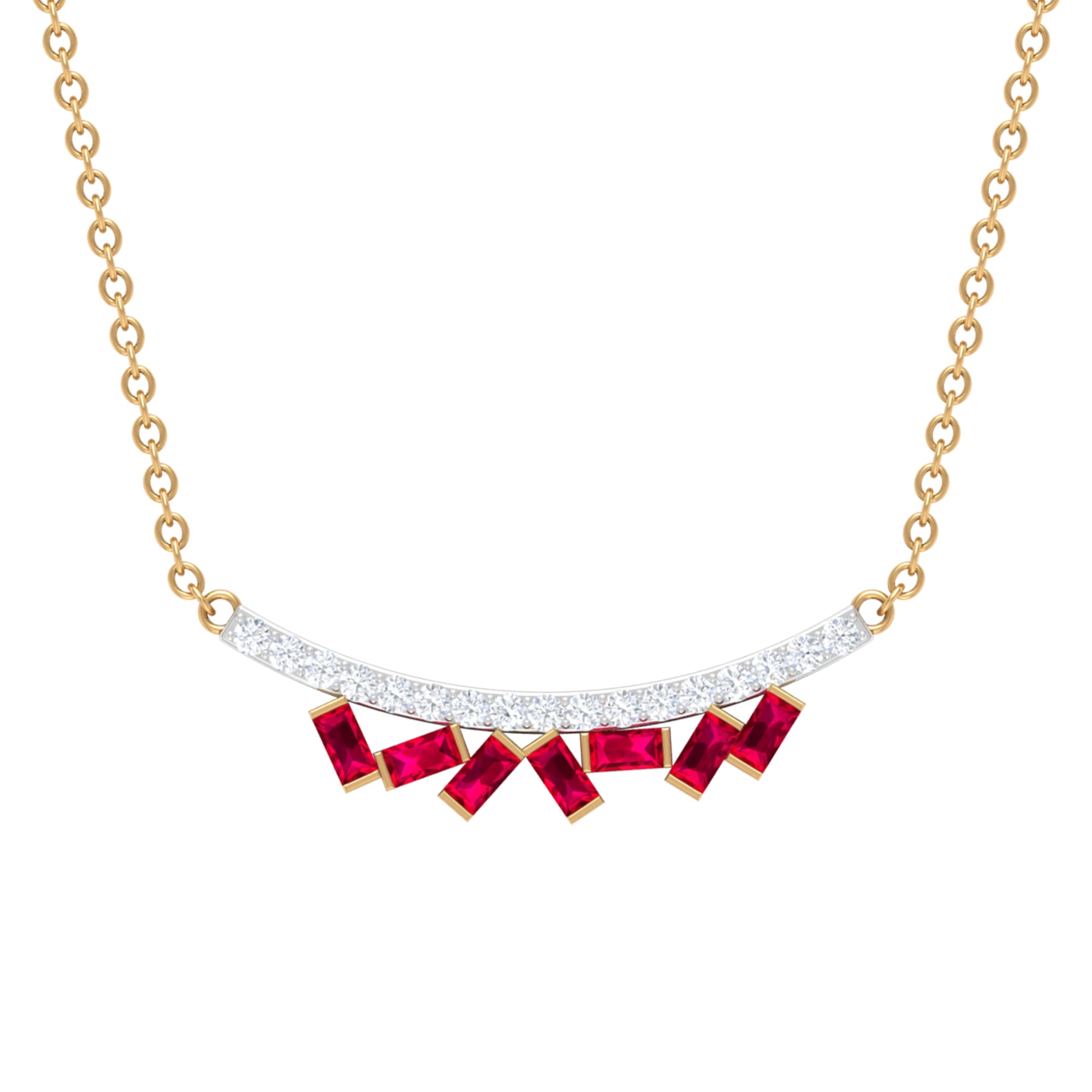 Baguette Cut Ruby Cluster Necklace with Diamond Curved Bar Ruby - ( AAA ) - Quality - Rosec Jewels