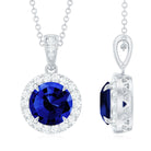 Claw Set Created Blue Sapphire Halo Pendant with Diamond Lab Created Blue Sapphire - ( AAAA ) - Quality - Rosec Jewels