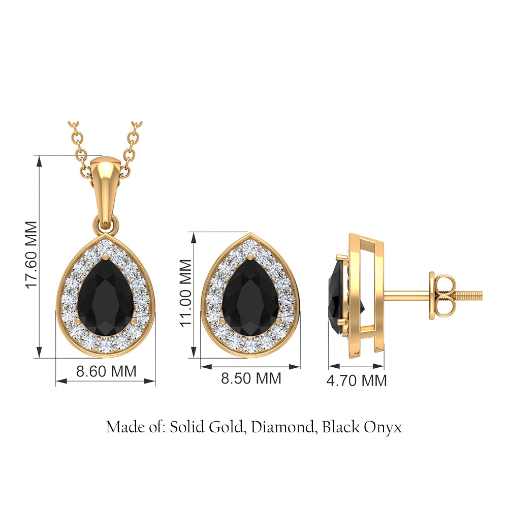 Black Onyx Teardrop jewelry Set with Moissanite Halo Black Onyx - ( AAA ) - Quality - Rosec Jewels