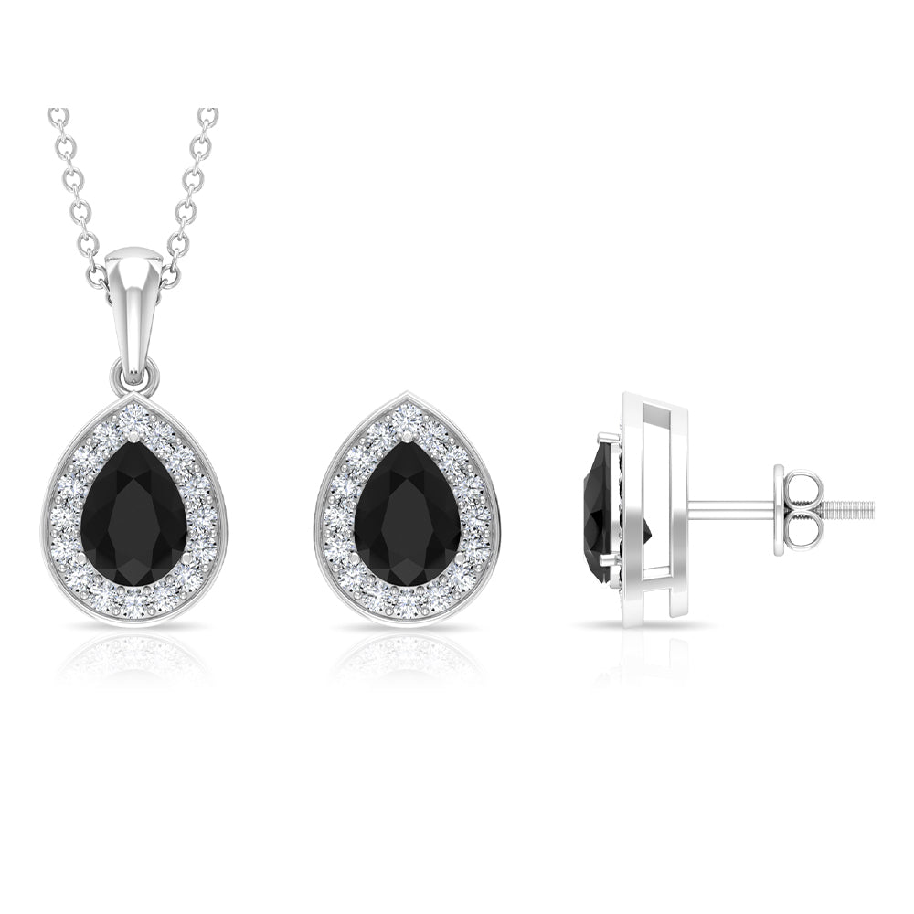 Black Onyx Teardrop jewelry Set with Moissanite Halo Black Onyx - ( AAA ) - Quality - Rosec Jewels