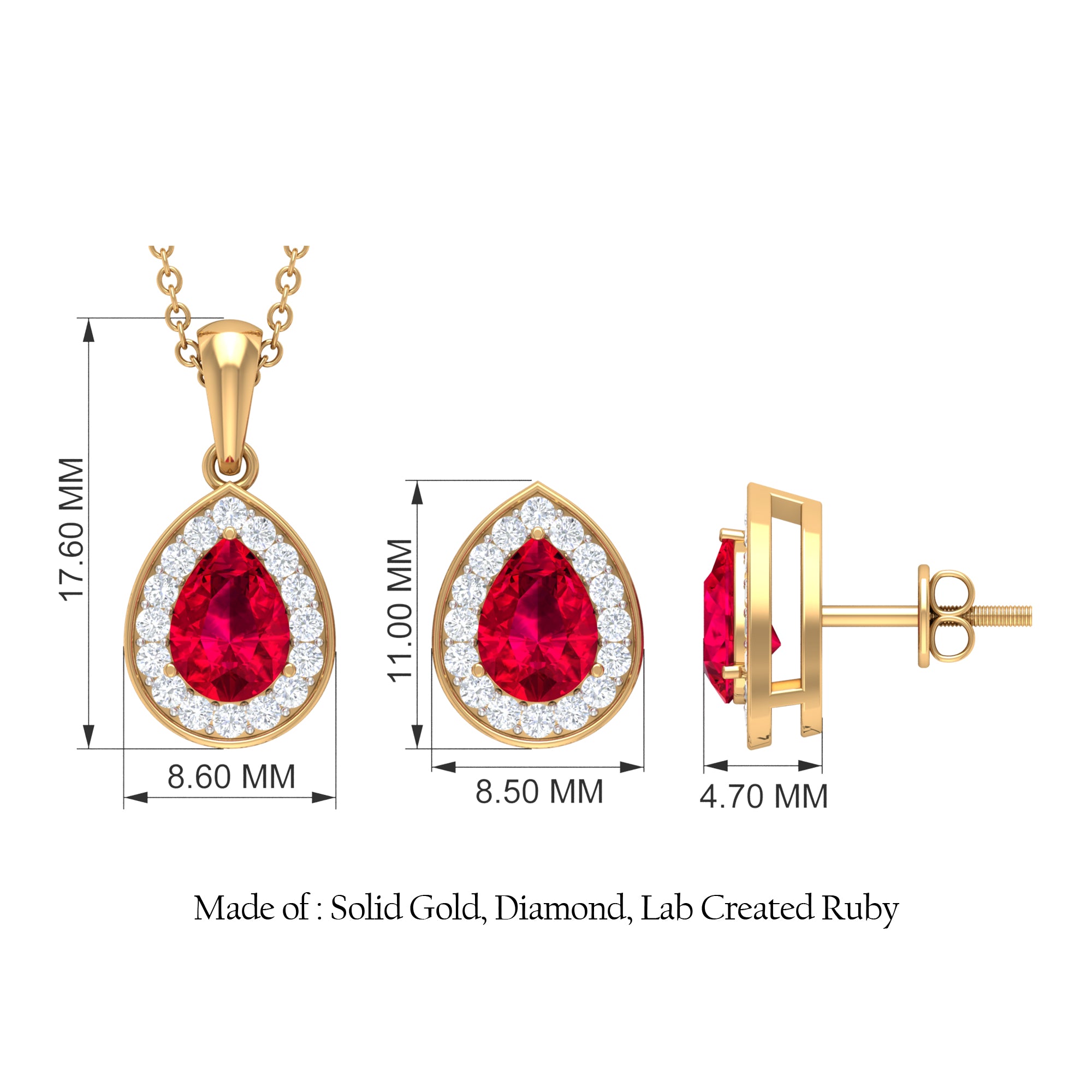 Created Ruby Teardrop Jewelry Set with Moissanite Halo Lab Created Ruby - ( AAAA ) - Quality - Rosec Jewels