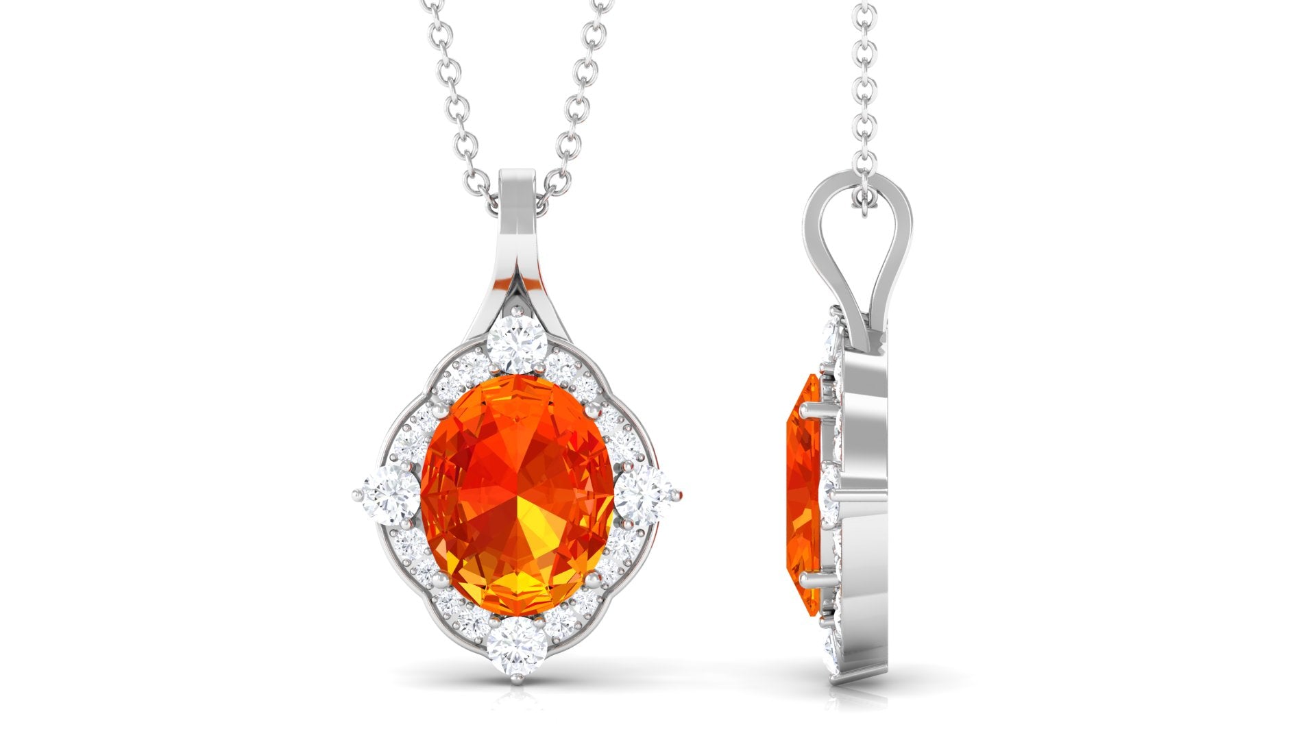 Oval Created Orange Sapphire Vintage Style Pendant with Diamond Halo Lab Created Orange Sapphire - ( AAAA ) - Quality - Rosec Jewels