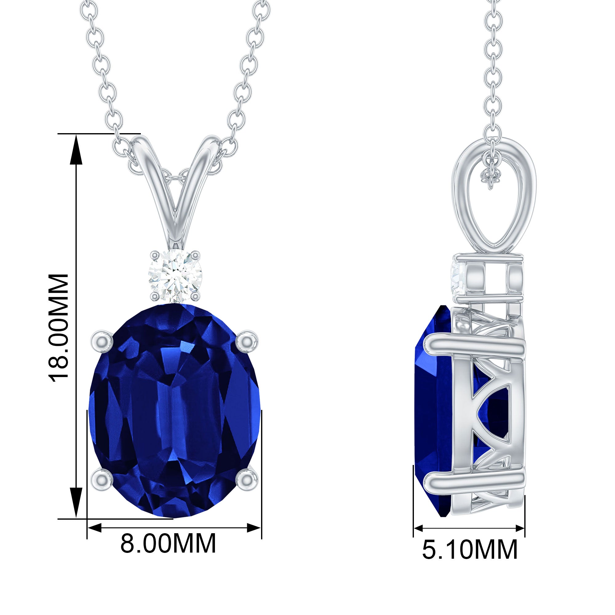 Oval Created Blue Sapphire Solitaire Pendant with Dainty Moissanite Lab Created Blue Sapphire - ( AAAA ) - Quality - Rosec Jewels