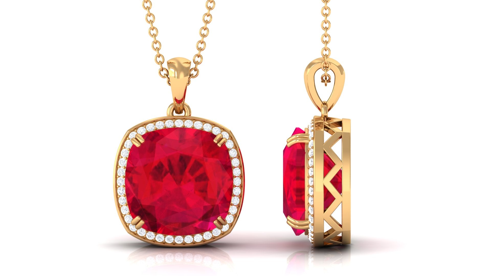 Cushion Cut Created Ruby Halo Pendant Necklace Lab Created Ruby - ( AAAA ) - Quality - Rosec Jewels