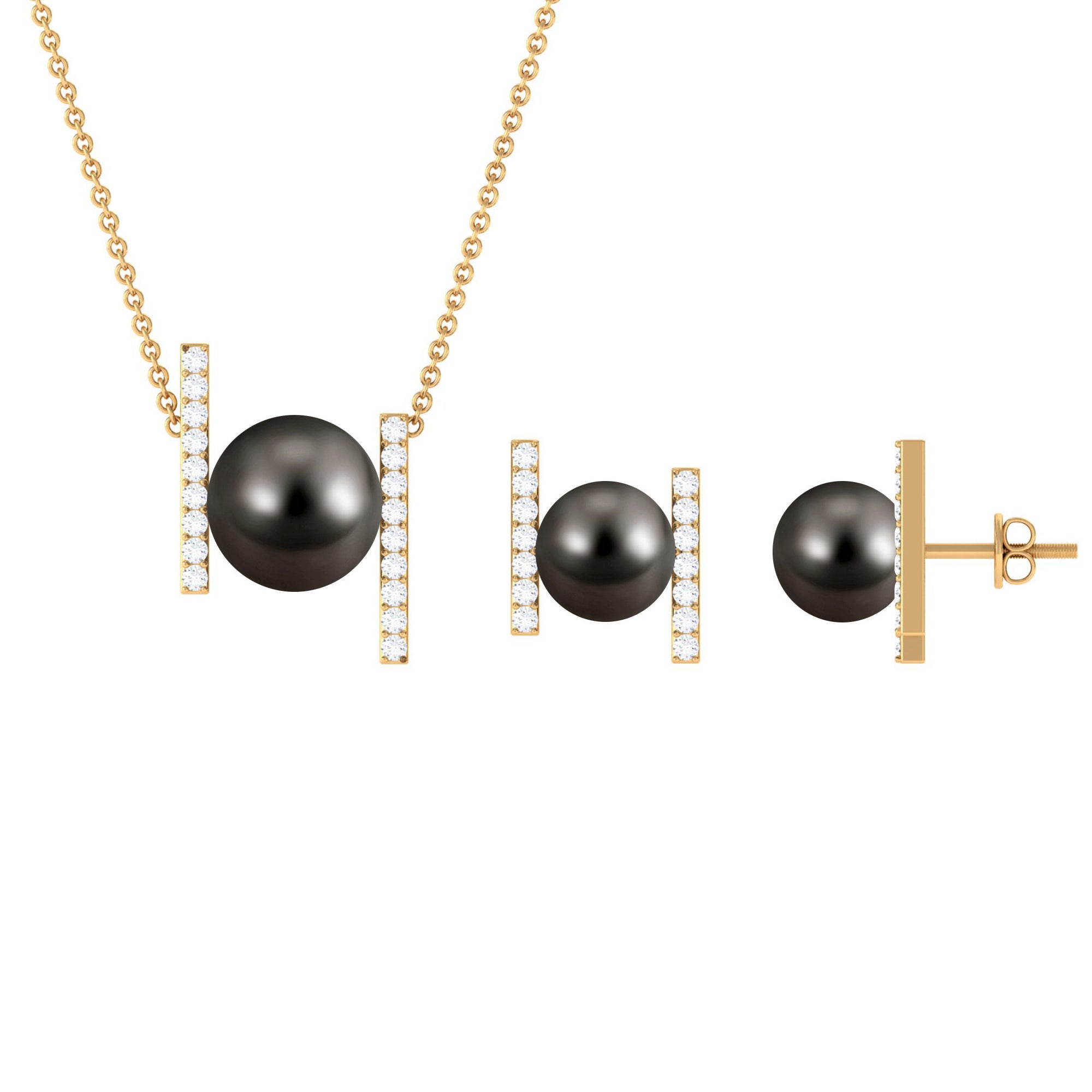 Black Tahitian Pearl Necklace and Earrings Set with Moissanite Tahitian pearl - ( AAA ) - Quality - Rosec Jewels