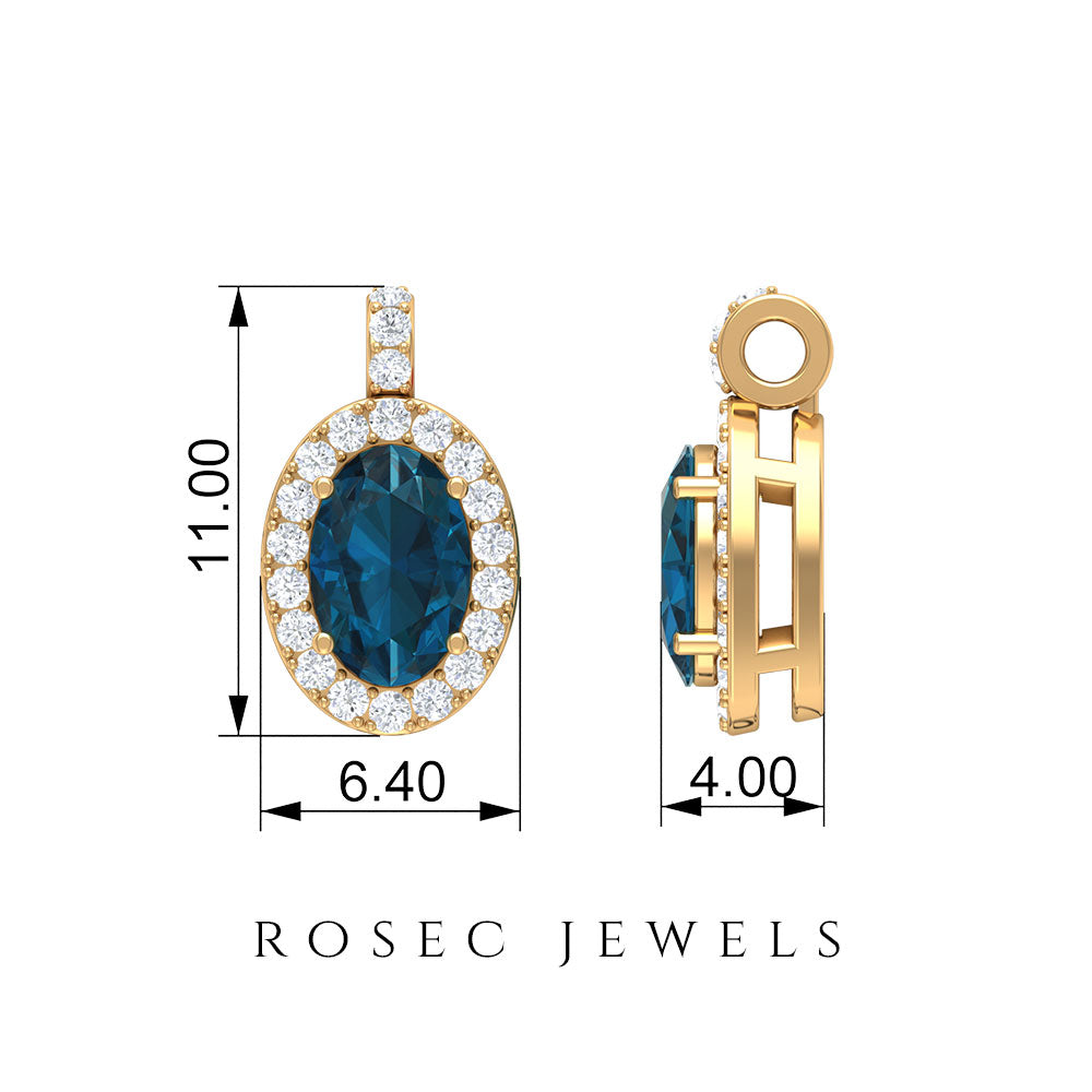 Classic Oval London Blue Topaz and Diamond Halo Pendant London Blue Topaz - ( AAA ) - Quality - Rosec Jewels