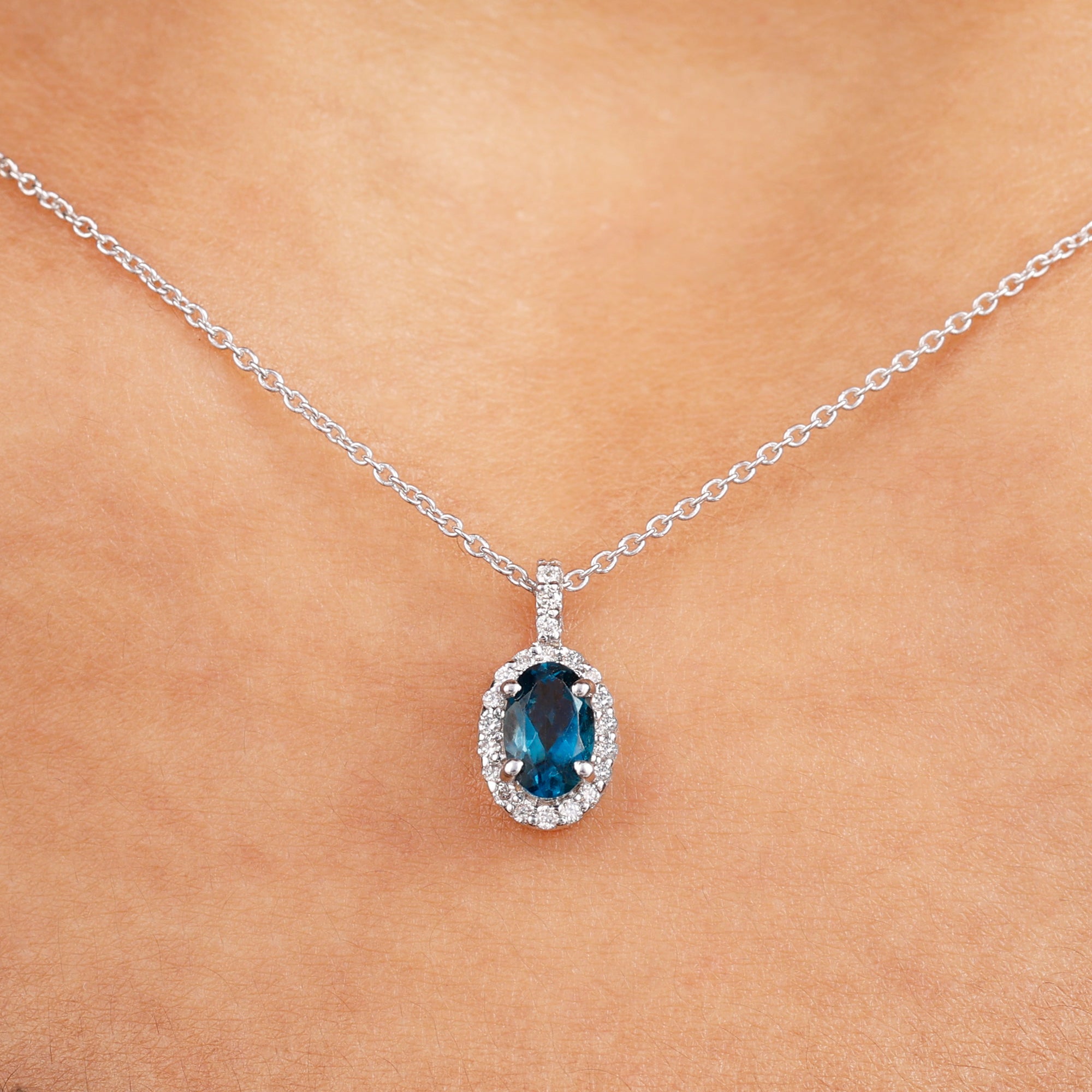 Classic Oval London Blue Topaz and Diamond Halo Pendant London Blue Topaz - ( AAA ) - Quality - Rosec Jewels