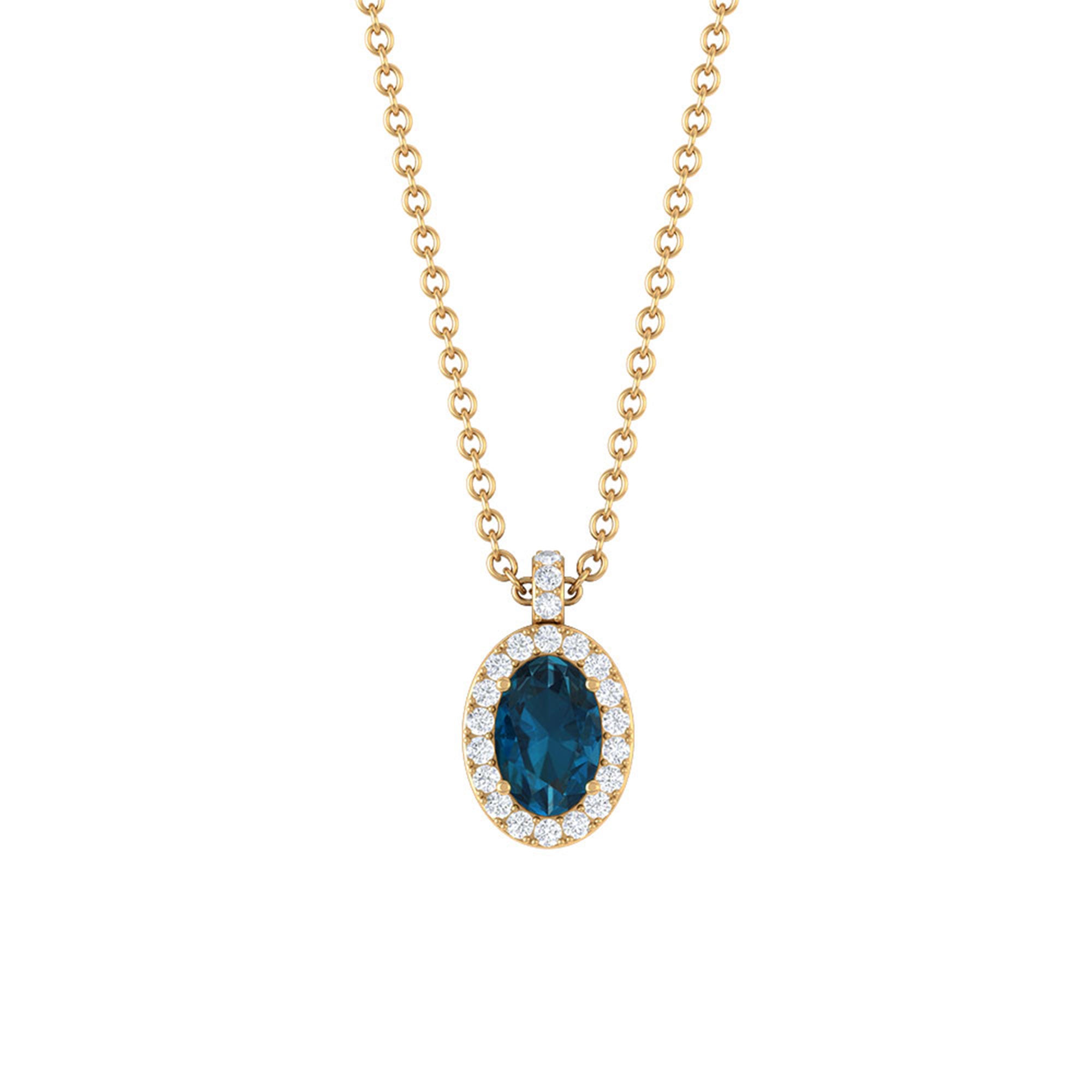 Classic Oval London Blue Topaz and Diamond Halo Pendant London Blue Topaz - ( AAA ) - Quality - Rosec Jewels