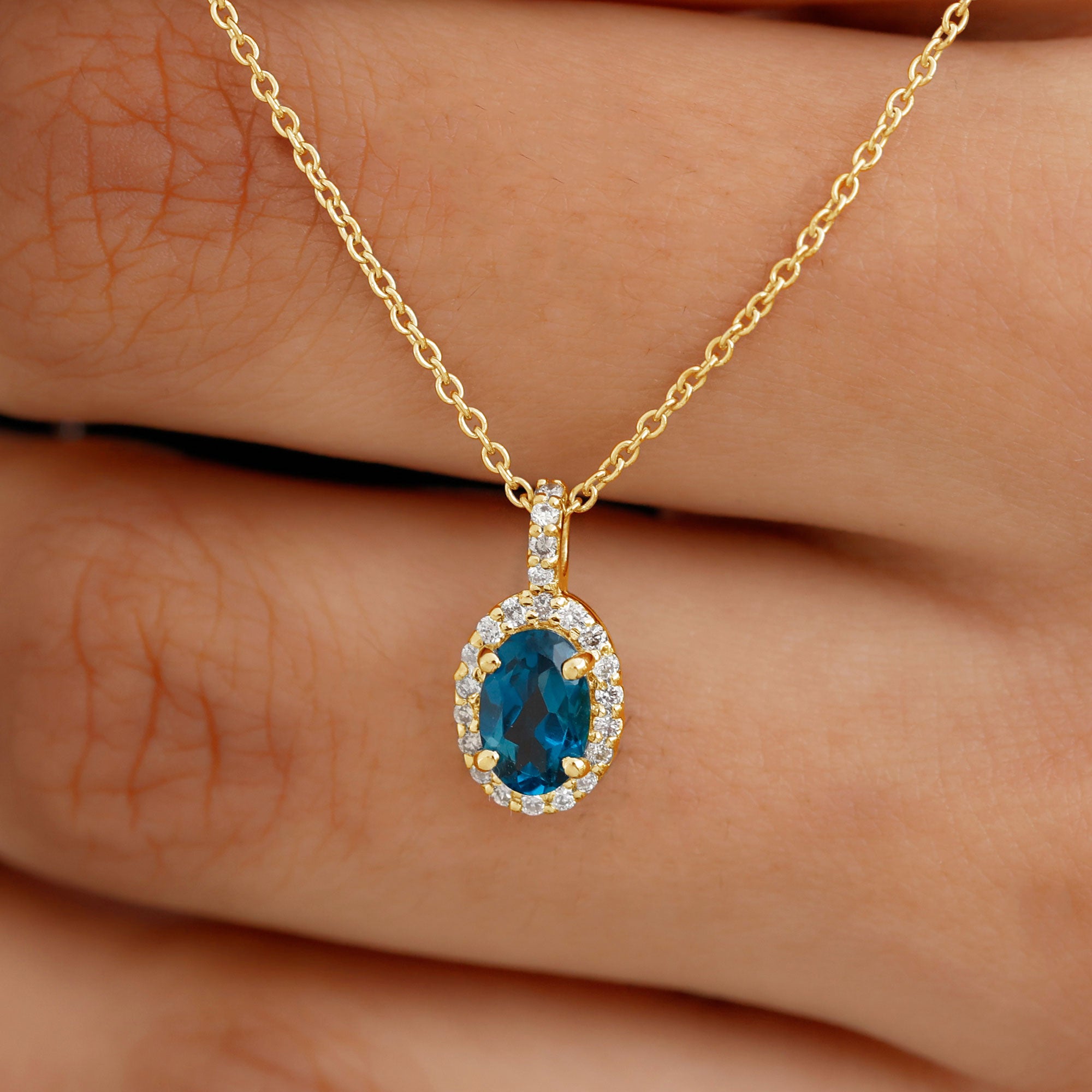 Classic Oval London Blue Topaz and Diamond Halo Pendant London Blue Topaz - ( AAA ) - Quality - Rosec Jewels