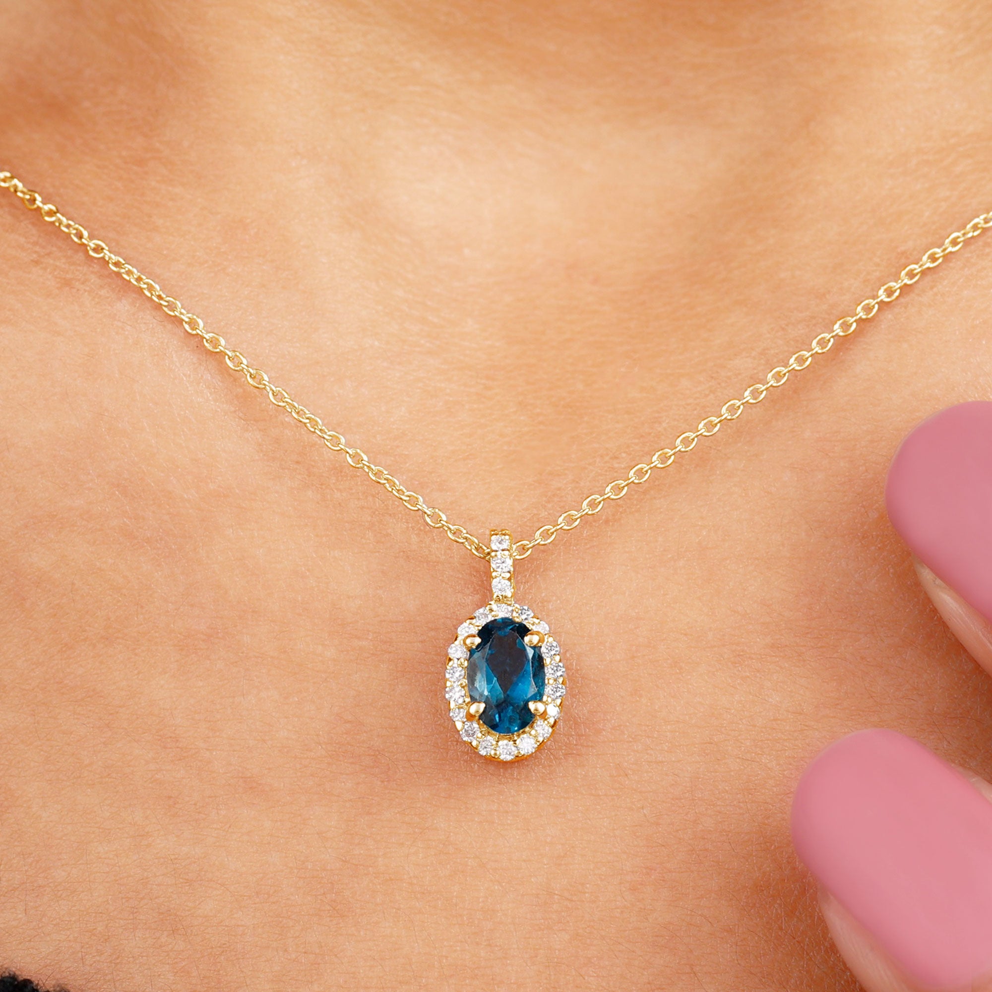 Classic Oval London Blue Topaz and Diamond Halo Pendant London Blue Topaz - ( AAA ) - Quality - Rosec Jewels