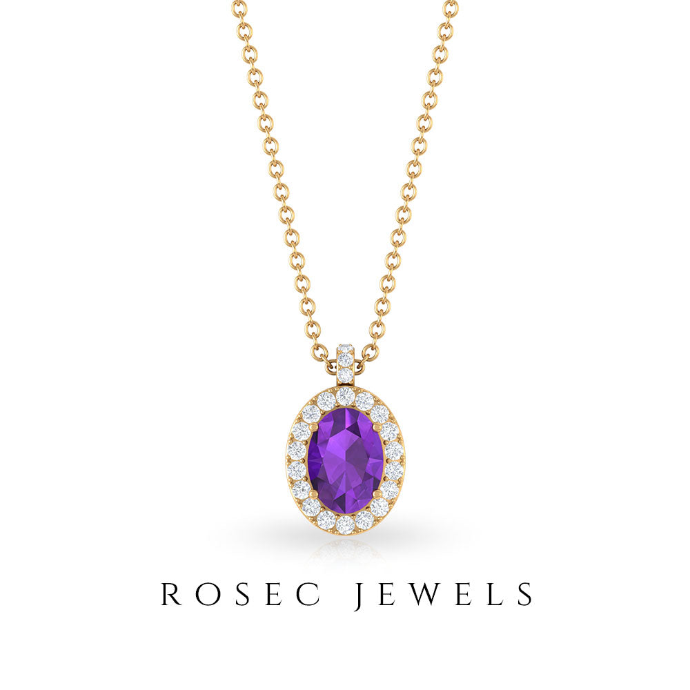 Oval Cut Amethyst and Diamond Halo Pendant Amethyst - ( AAA ) - Quality - Rosec Jewels