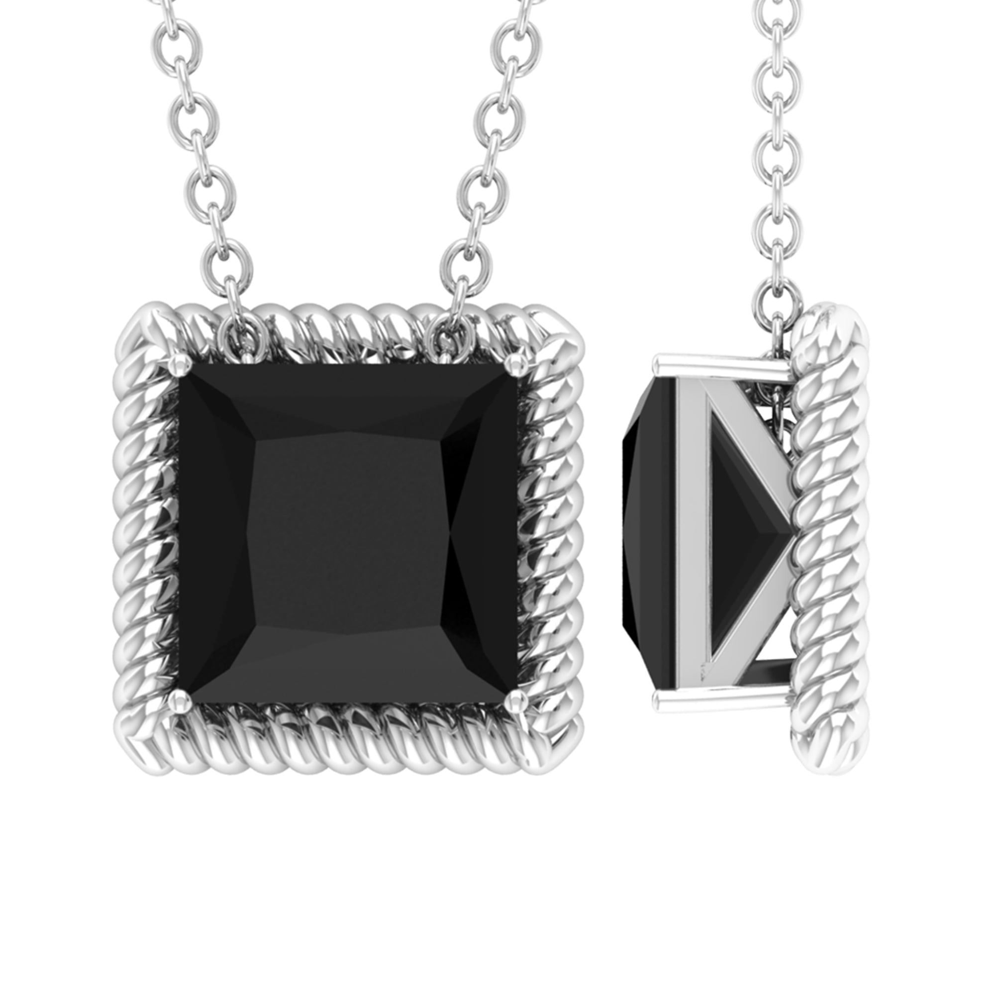 7 MM Princess Cut Black Spinel Solitaire Pendant with Rope Frame Details Black Spinel - ( AAA ) - Quality - Rosec Jewels