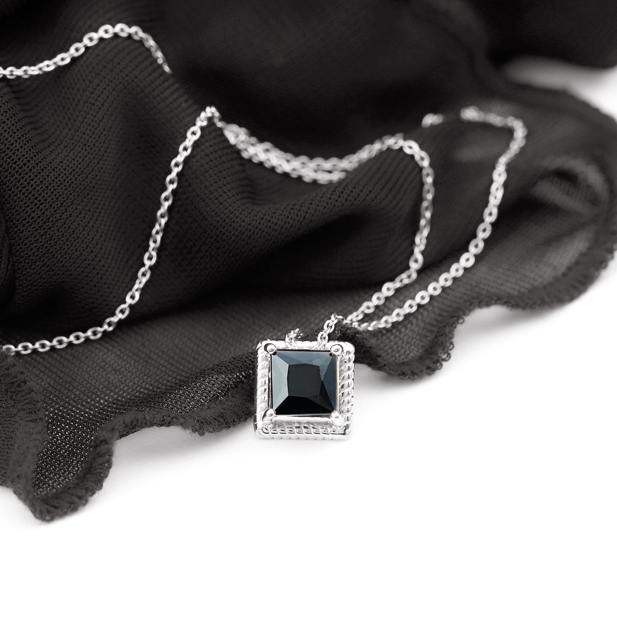 7 MM Princess Cut Black Spinel Solitaire Pendant with Rope Frame Details Black Spinel - ( AAA ) - Quality - Rosec Jewels