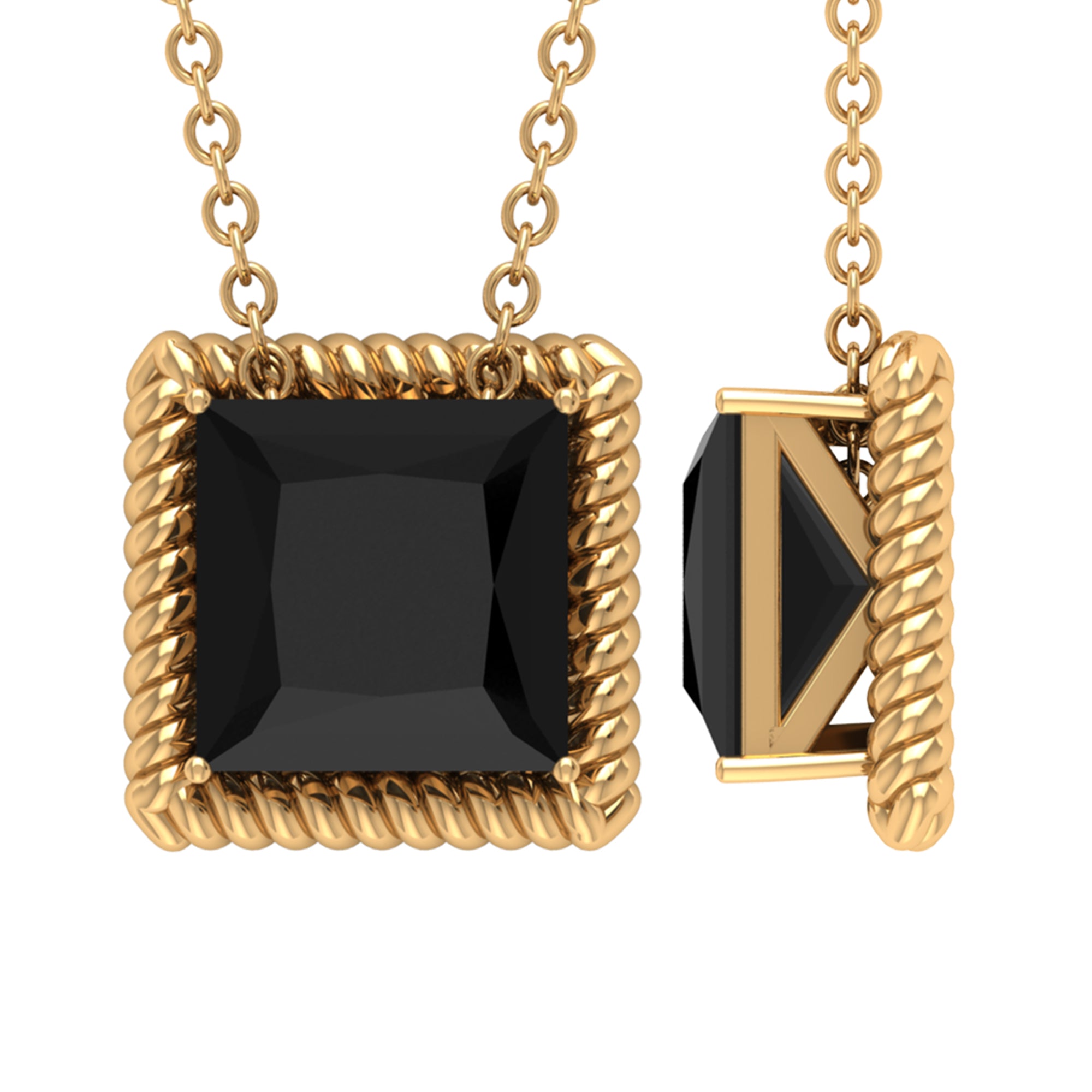 7 MM Princess Cut Black Spinel Solitaire Pendant with Rope Frame Details Black Spinel - ( AAA ) - Quality - Rosec Jewels